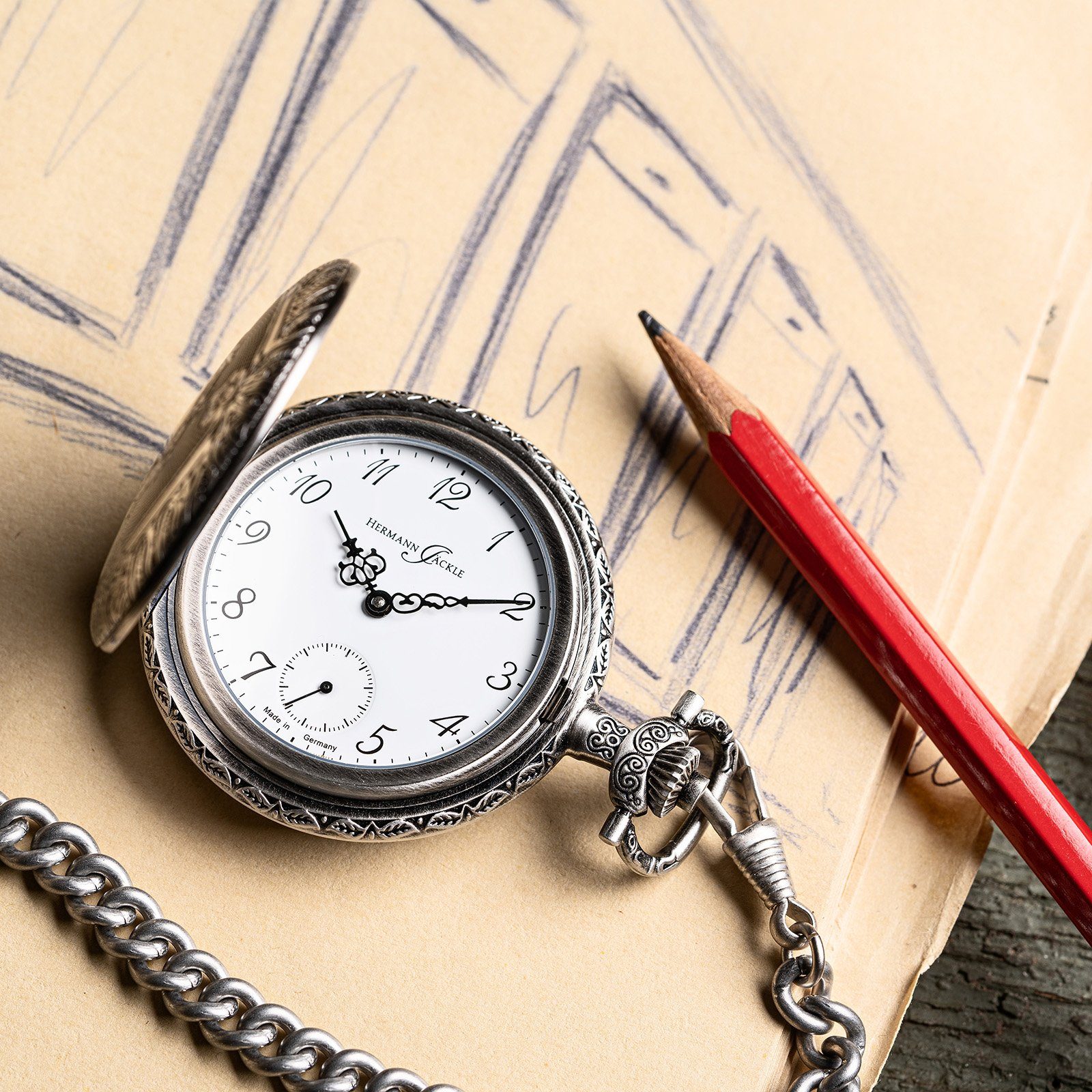 Hermann Jäckle Taschenuhr "Schöntal 2" Antiklook, Handaufzug, 50 mm, Mineralglas, mit Kette & Reiseetui – Made in Germany, klassische Herrenuhr – Bild 5 von 5