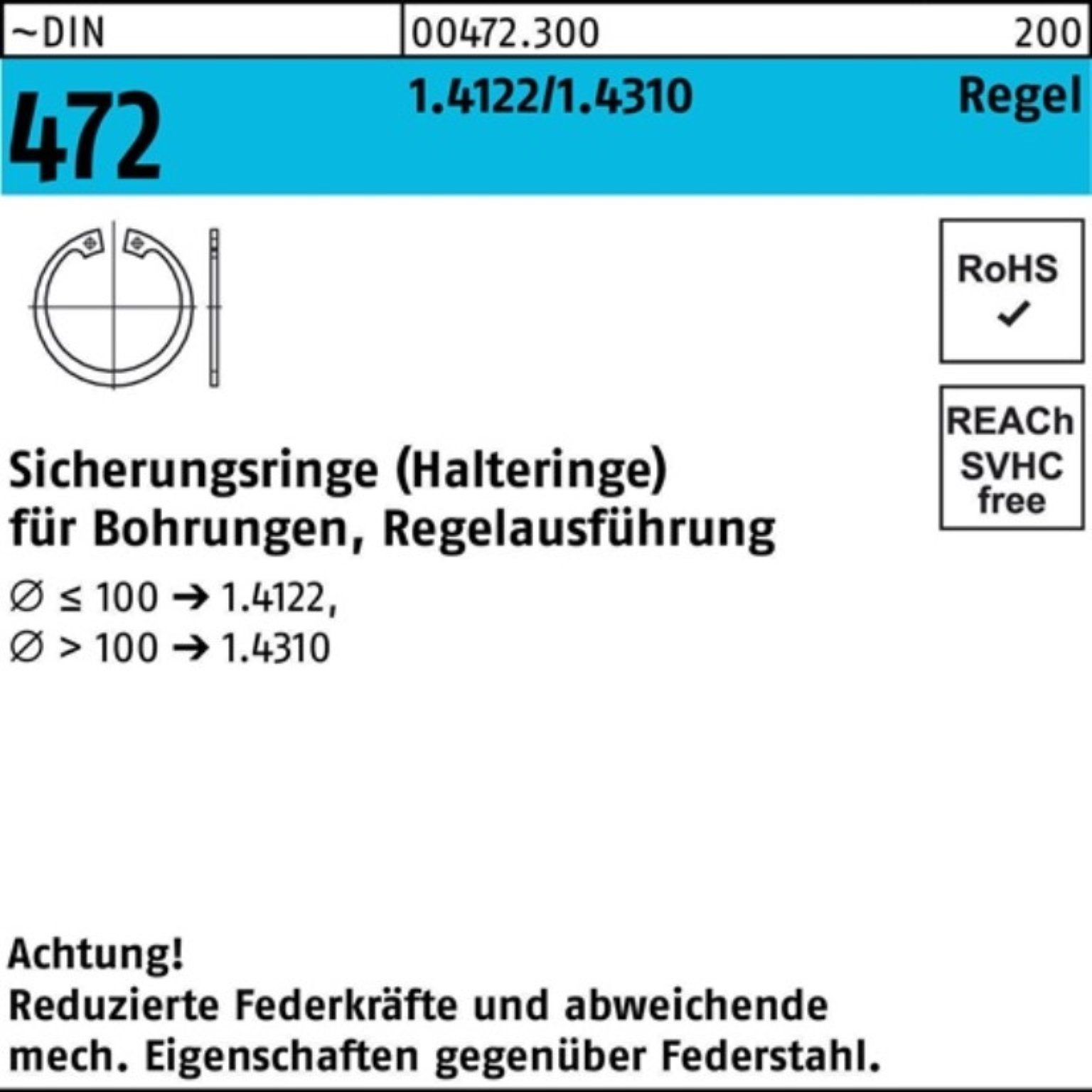 Reyher Sicherungsring 100er Pack Sicherungsring DIN 472 60x 2 1.4122 Regelausf. 1 Stück ~DI