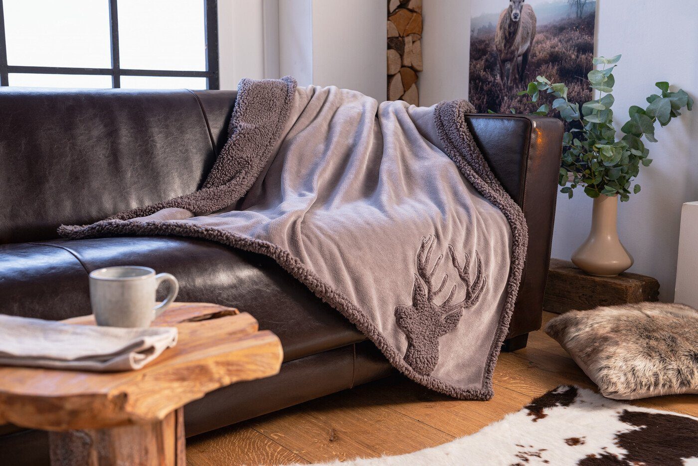 Wohndecke Wohndecke Kuscheldecke Hirsch Grau Teddystoff Wohnzimmer, Home-trends24.de