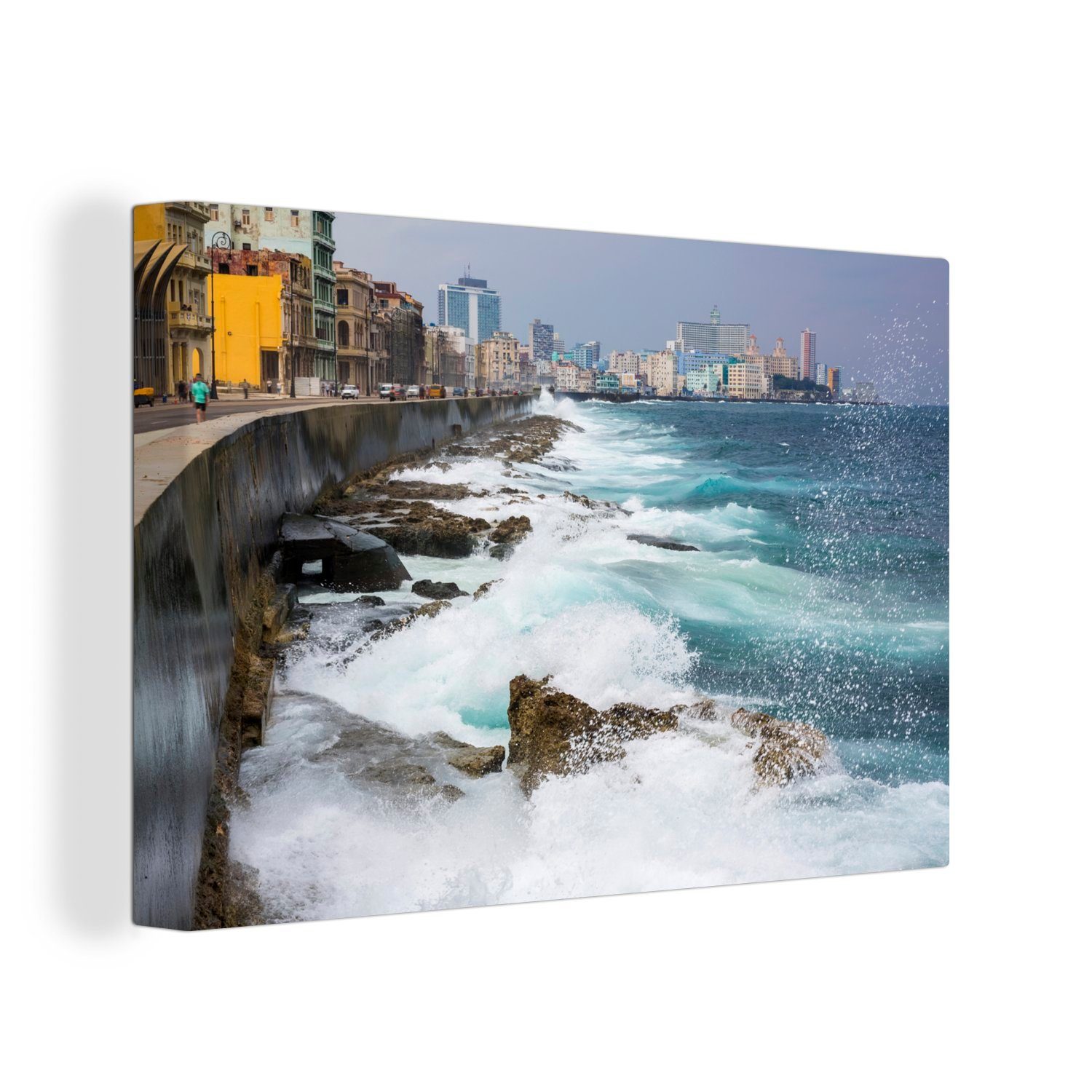 Havanna, OneMillionCanvasses® kubanischen Wanddeko, Aufhängefertig, 30x20 Leinwandbild Meereswellen Wandbild Nordamerika, Blaue cm im Leinwandbilder, St), (1