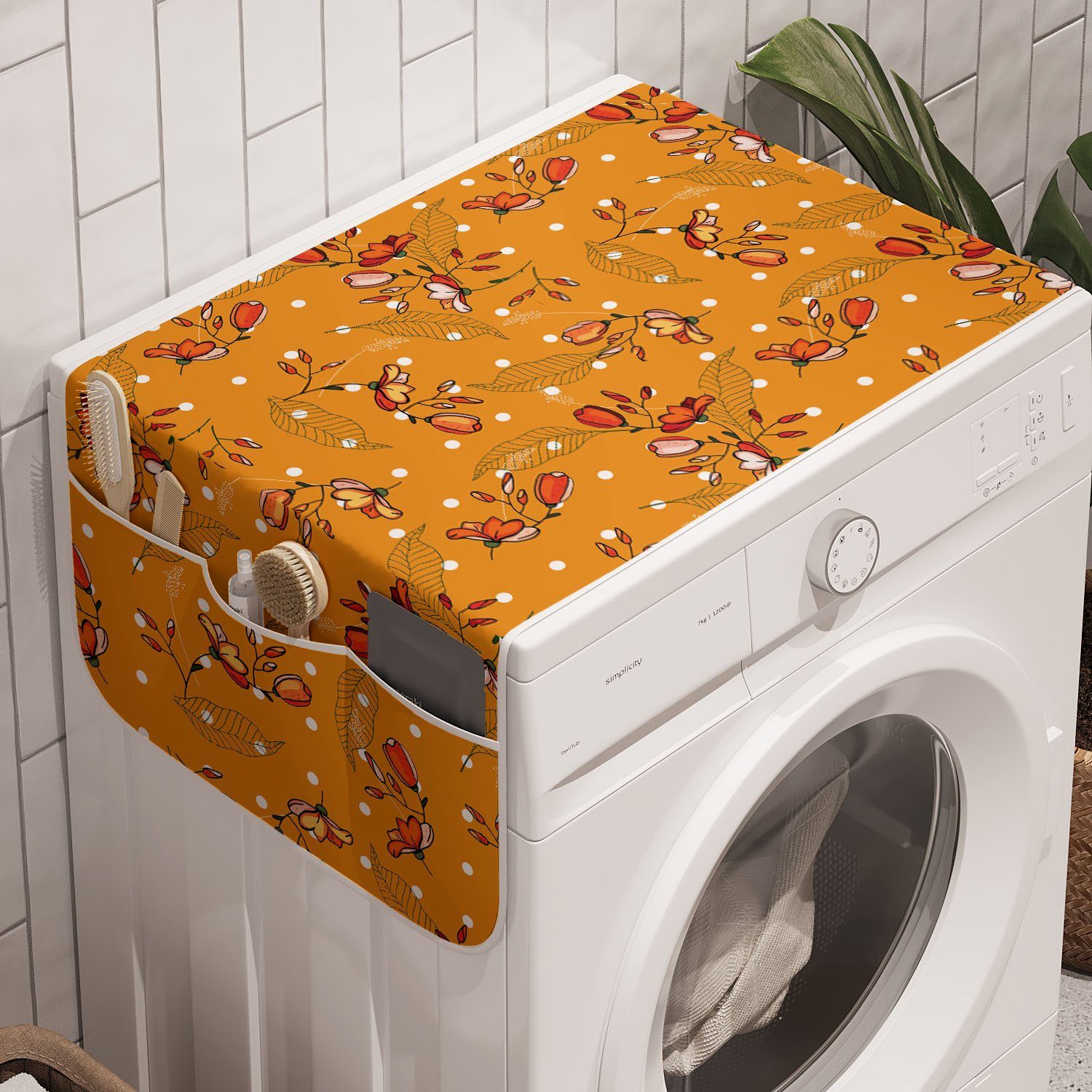 Abakuhaus Badorganizer Anti-Rutsch-Stoffabdeckung für Waschmaschine und Trockner, Orange Botanical Blooms Knospen Motiv