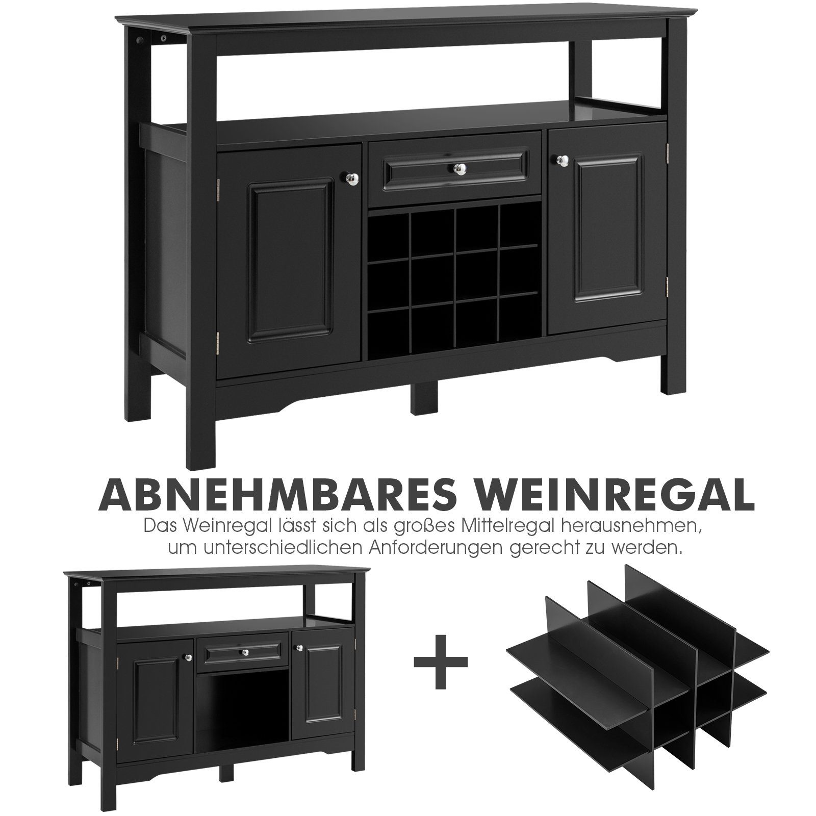 Weinregal Konsolentisch, Fächern, 117cm für COSTWAY mit Schwarz 12 Türen&Schubladen,