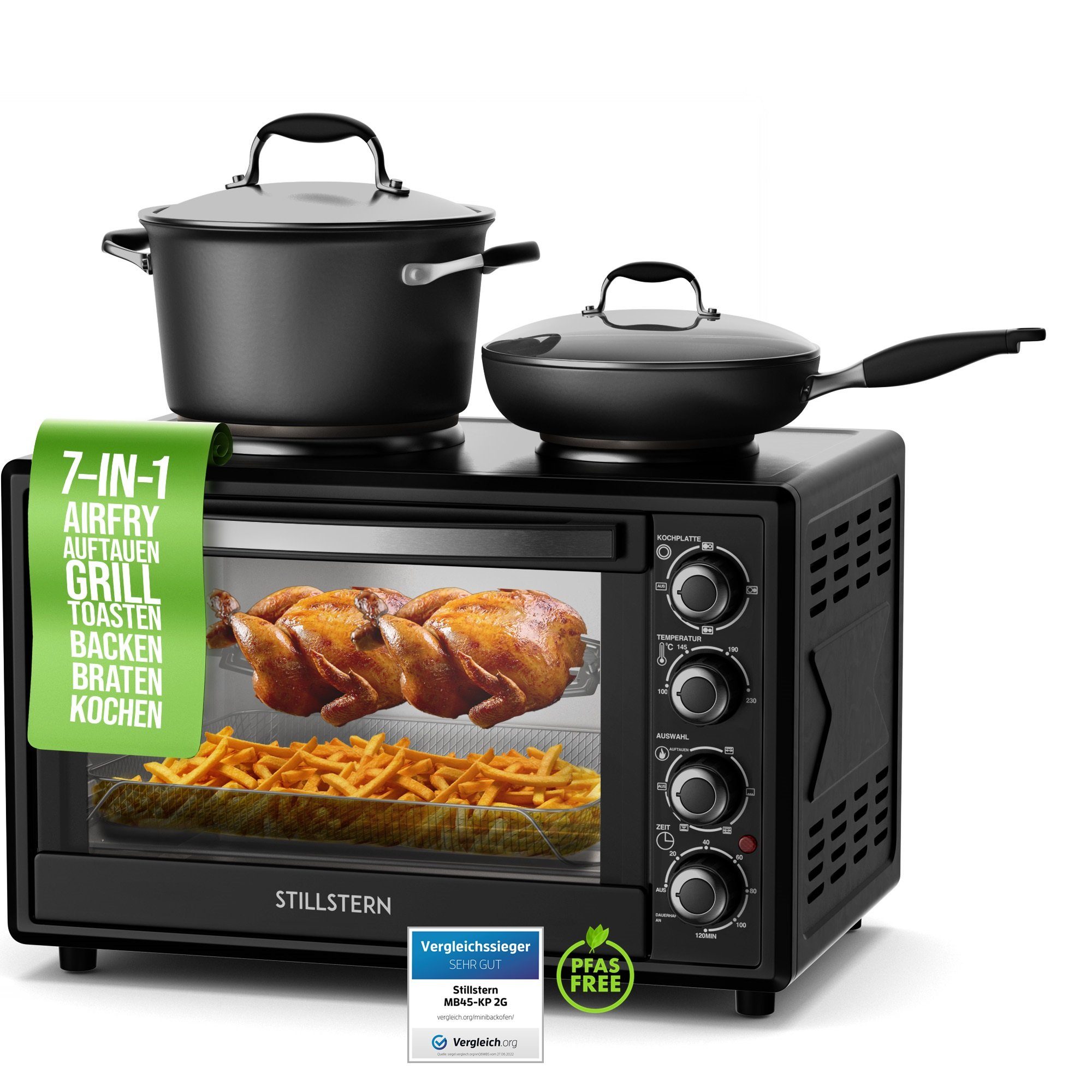 Stillstern Minibackofen MB45-KP 2G, Minibackofen mit Kochplatten und Umluft (45L)