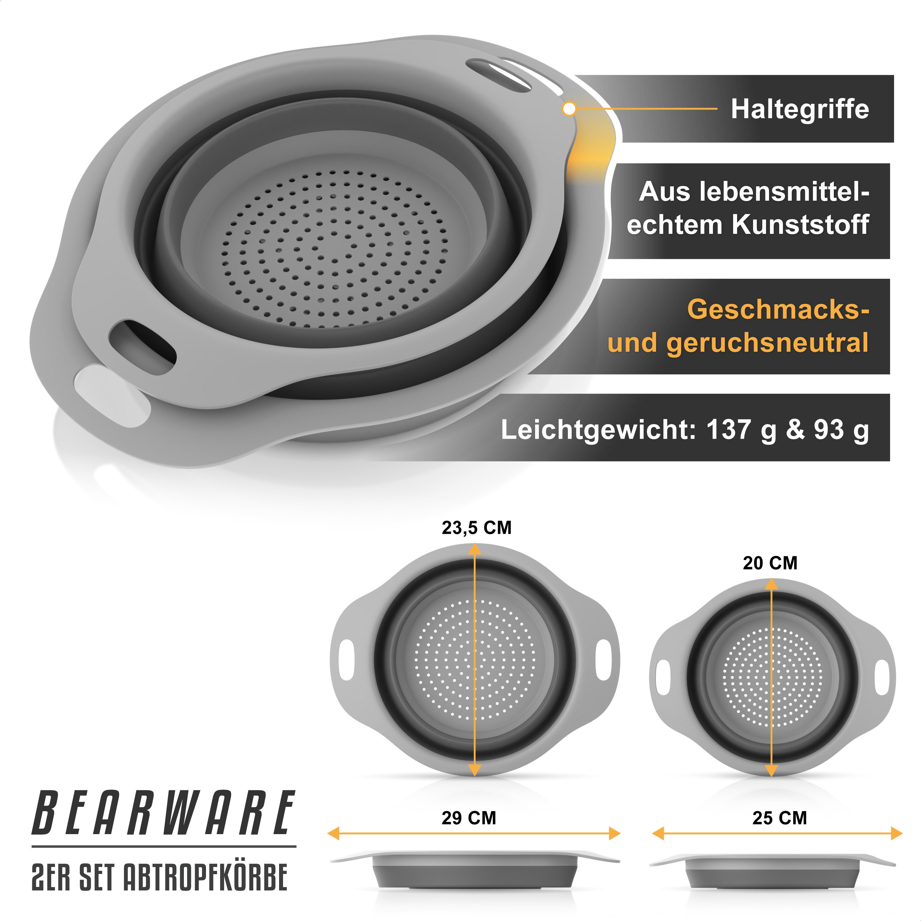 Arendo Seiher Abtropfsieb faltbar 2er Set 2,5 l + 1,4 l, Abtropfsschale, Haltegriffe, Kunststoff, (Set, 2-St., 2er Set Abtropfkörbe), Küchensieb faltbar, aufhängbar, PP & TPR, spülmaschinenfest bis 100 °C