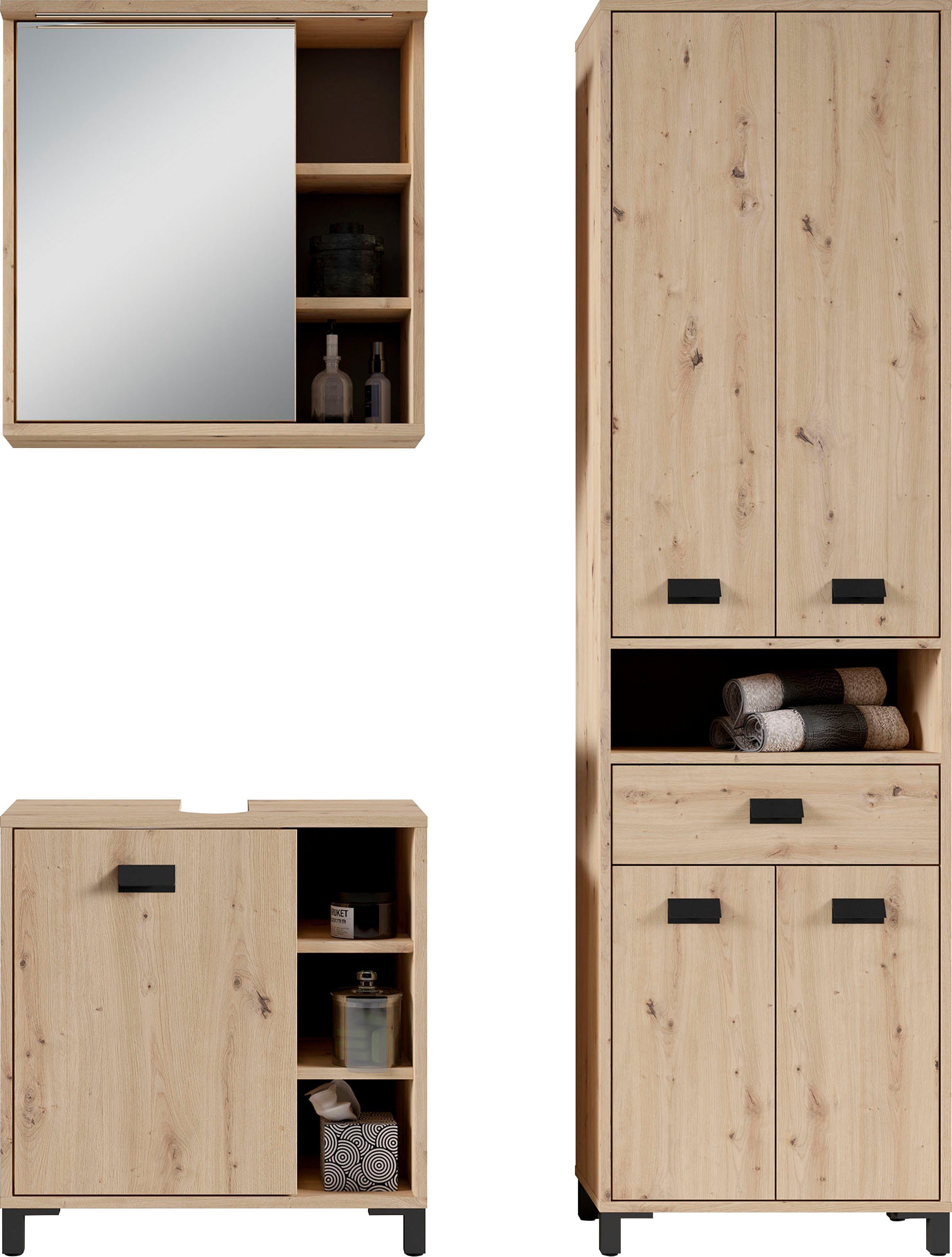 byLIVING Badmöbel-Set Wellness, (Komplett-Set, 3-St., 3-tlg), praktisches 3er-Set mit LED Beleuchtung und viel Stauraum