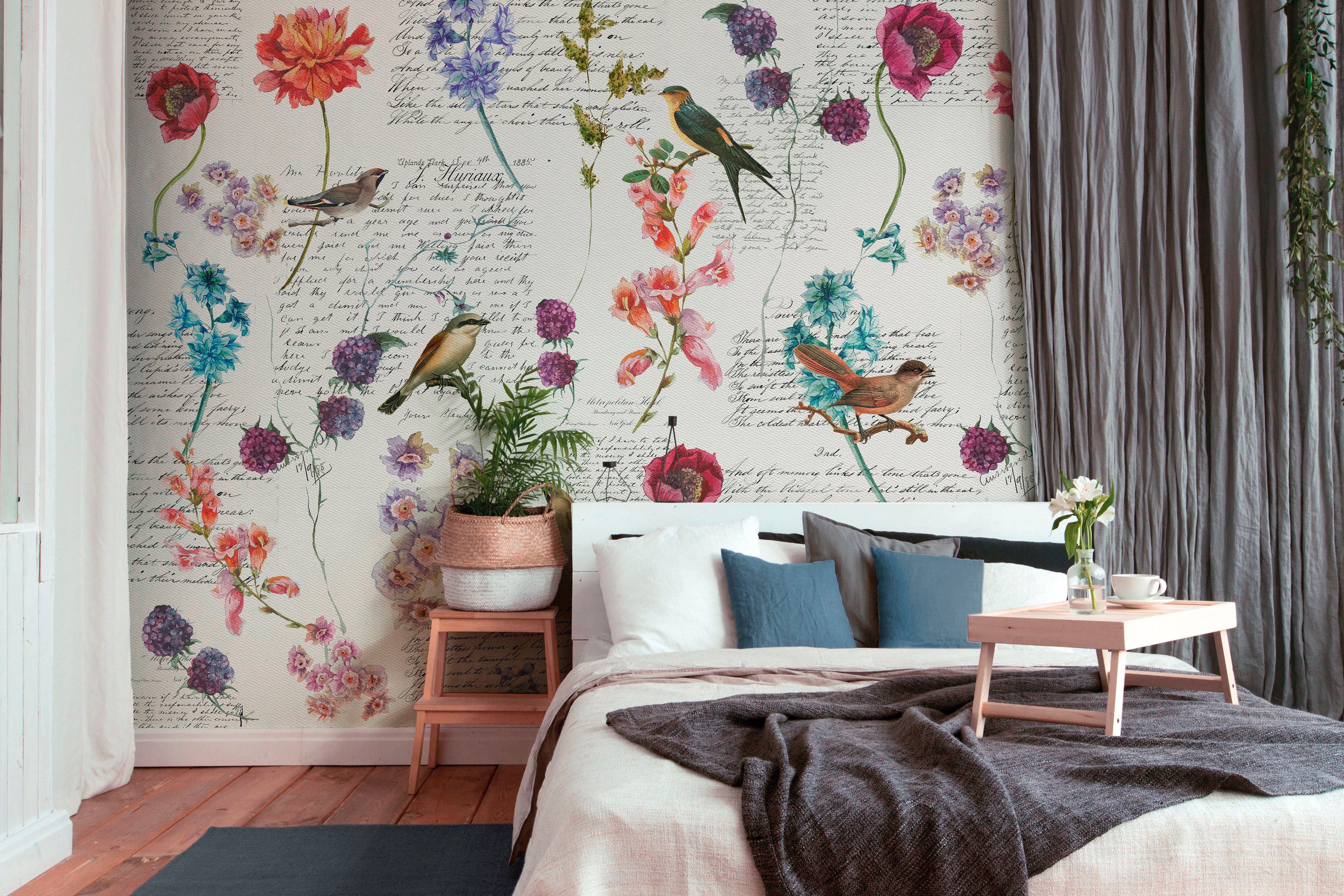 Decke (4 Schräge, 47 grün/orange/rosa Bird Architects Atelier floral, Paper glatt, Wand, St), Poetry Fototapete 1, Vlies,