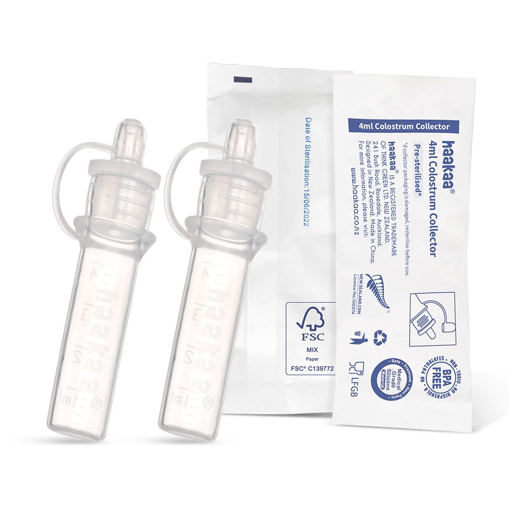 Haakaa Handmilchpumpe Kolostrum Sammler 2er Set Milchauffänger, 2-tlg., Einzeln verpackt und sterilisiert, Klare Messwerte, Ungiftig und sicher für Neugeborene