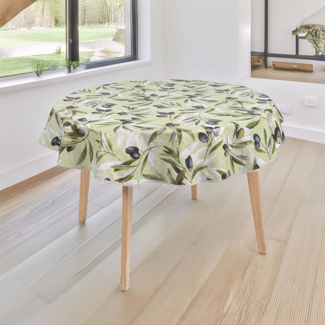 laro Tischdecke 140cm rund Wachstuchtischdecke mit Saum Mediterran Olive Grün – Bild 3 von 5