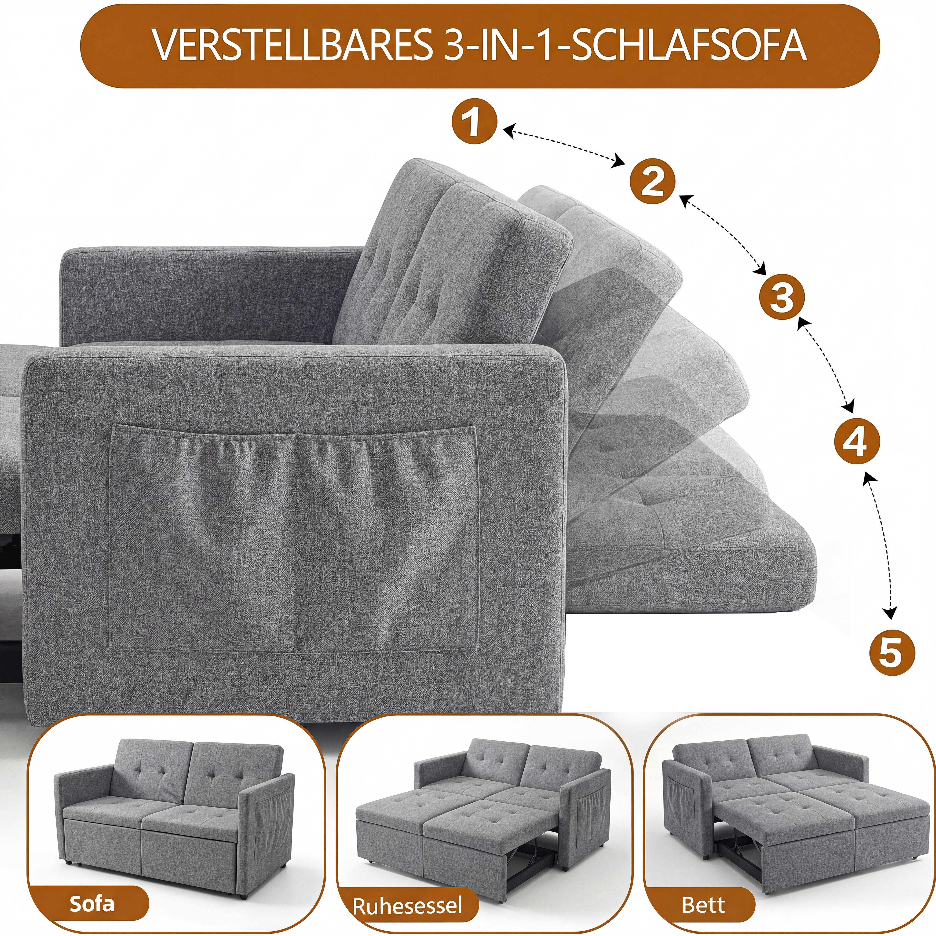 oyajia Schlafsofa 3 in 1 Klappsofa & Schlafhocker mit Bettfunktion, 2-Sitzer, 2-Sitzer Sofa mit verstellbarer Rückenlehne, Ergonomisch, Max. bis 300KG, Doppelschlafsofa für Wohnzimmer/Schlafzimmer/Spielzimmer