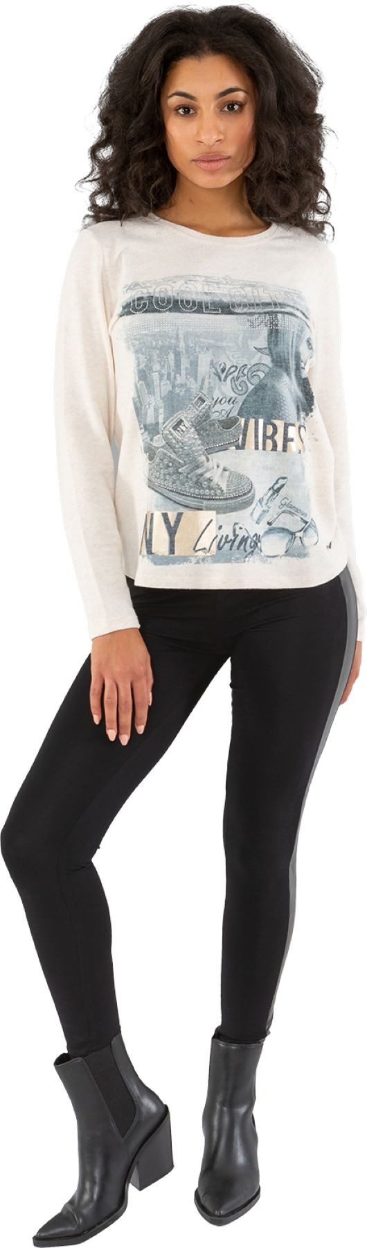Gio Milano Langarmshirt G29-1109, "cool city" Rundhals mit Strassbesatz Metallicprint Elemente