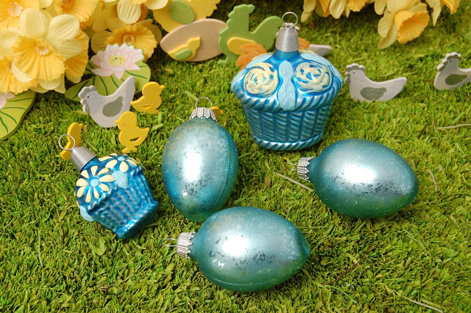 1 Christbaumschmuck großes Lauscha und blau, 1 Osterkörbchen Ostereiern Krebs 3 aus Glas kleines (1-tlg) Osterset