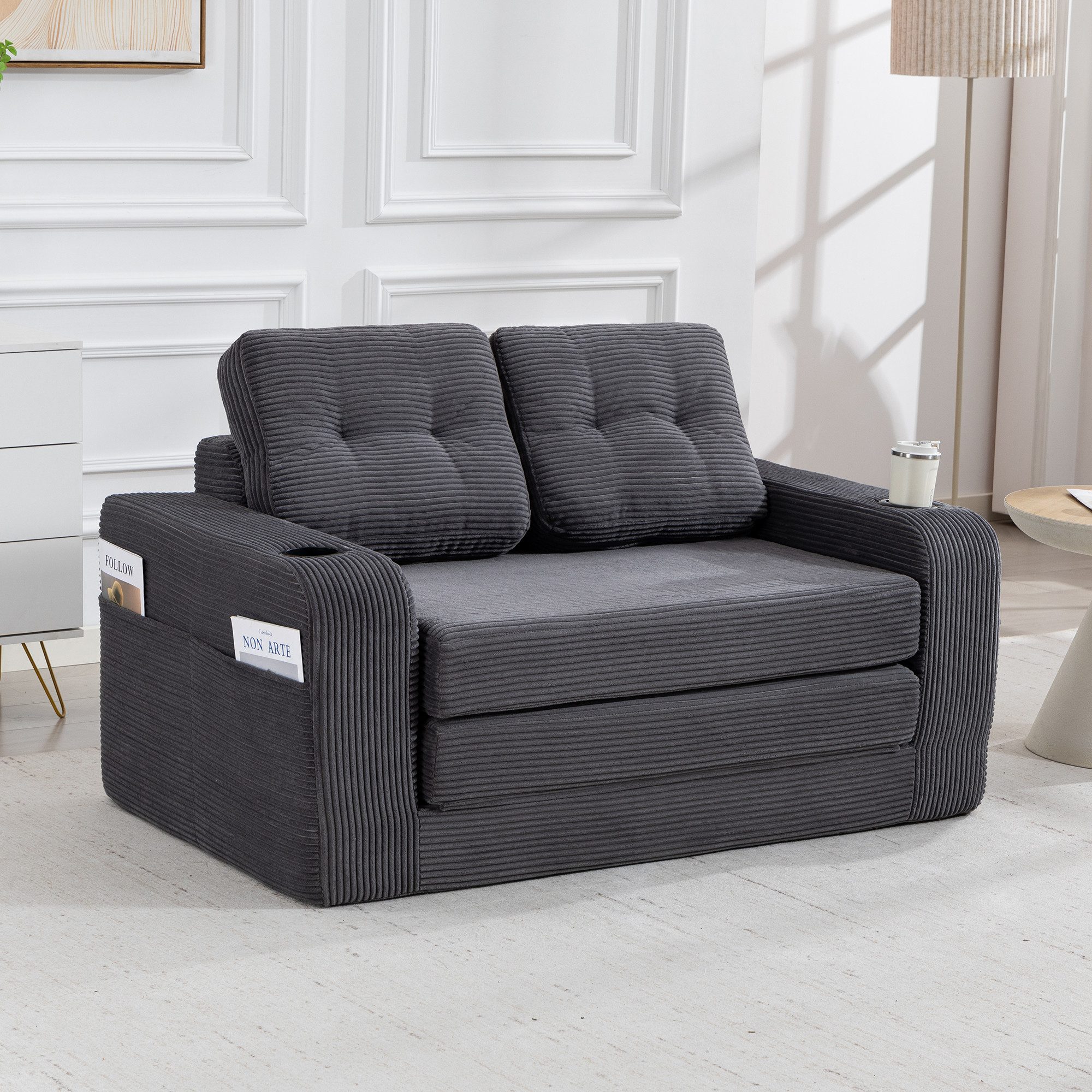 MODFU Sofa Rahmenloses Zweisitzer-Loungesofa aus Cordstoff mit Seitentaschen, Getränkehaltern und umbaubarem Sitzsack, gestepptes Design für maximalen Komfort