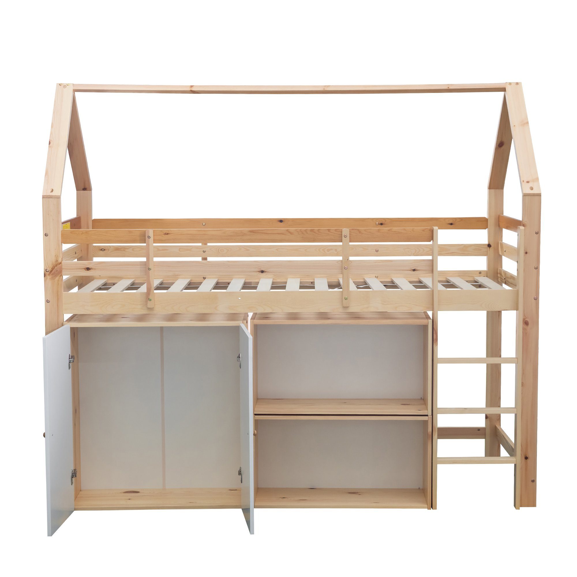 REDOM Etagenbett Hausbett dreistufiger und Treppe, (Bettrahmen Regalen 2 Aufbewahrungsschrank), aus Massivholz, Absturzsicherung, mit cm mit Holzbett Matratze ohne Etagenbett rechtwinkliger Stauraumbett, Kinderbett 90x200 mit