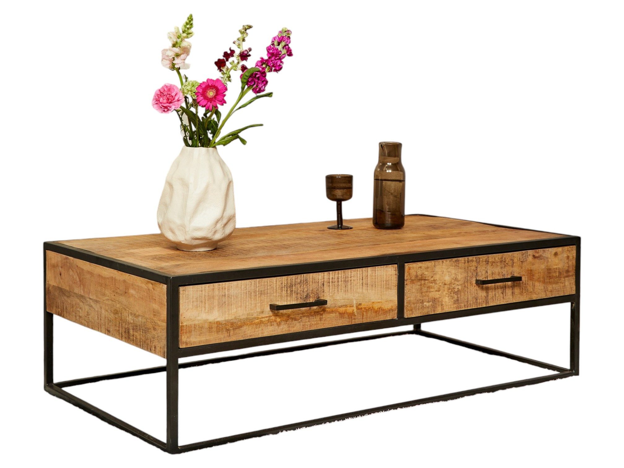 BENEDO MÖBEL Couchtisch Couchtisch Delta – Massives Mangoholz mit Metallgestell & Schubladen, Massives Mangoholz-Langlebig & mit einzigartiger Maserung