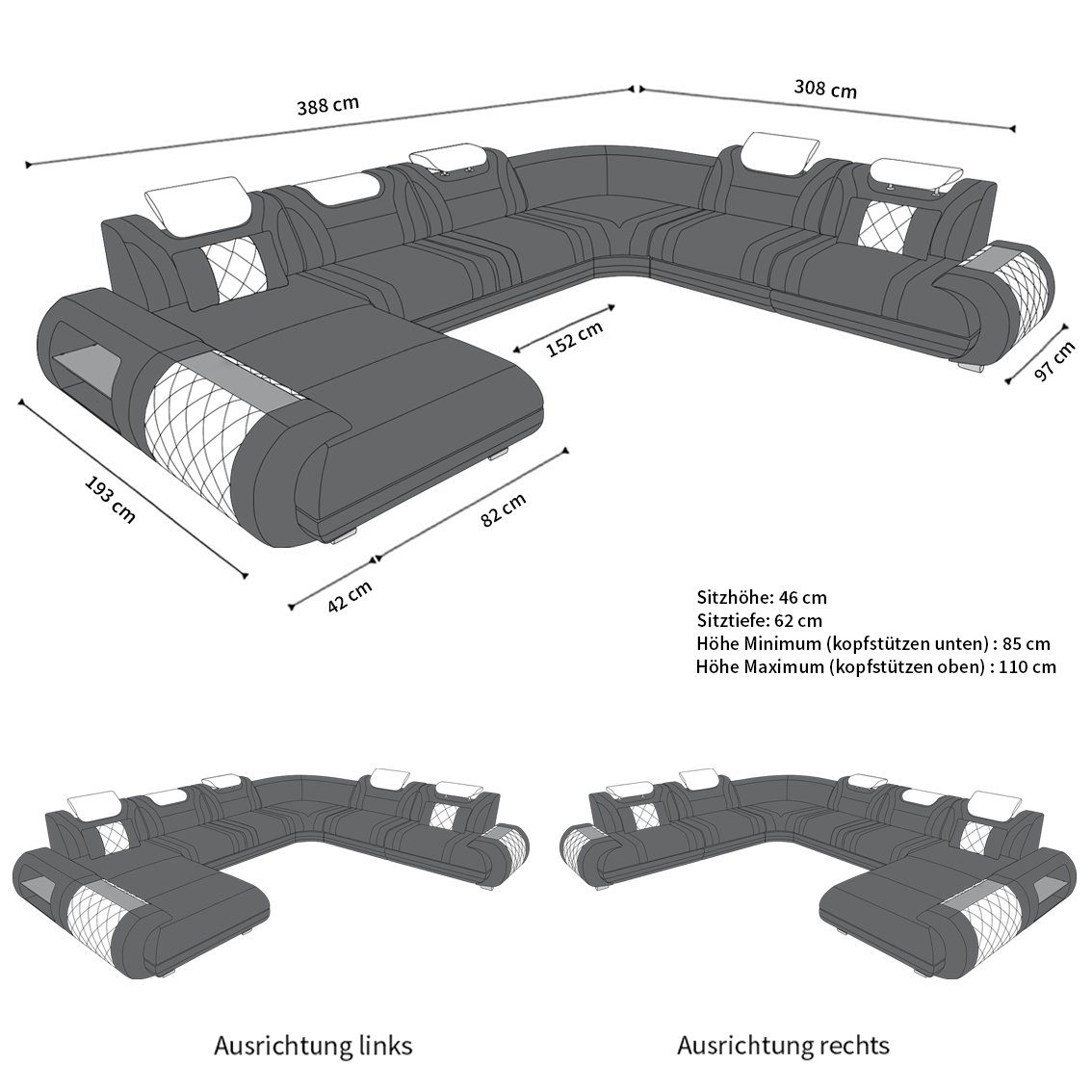 Strukturstoff Couch wahlweise Bettfunktion Sofa Rimini Stoff Dreams grau-schwarz Polsterstoff mit XXL Sofa Wohnlandschaft Stoffsofa, H