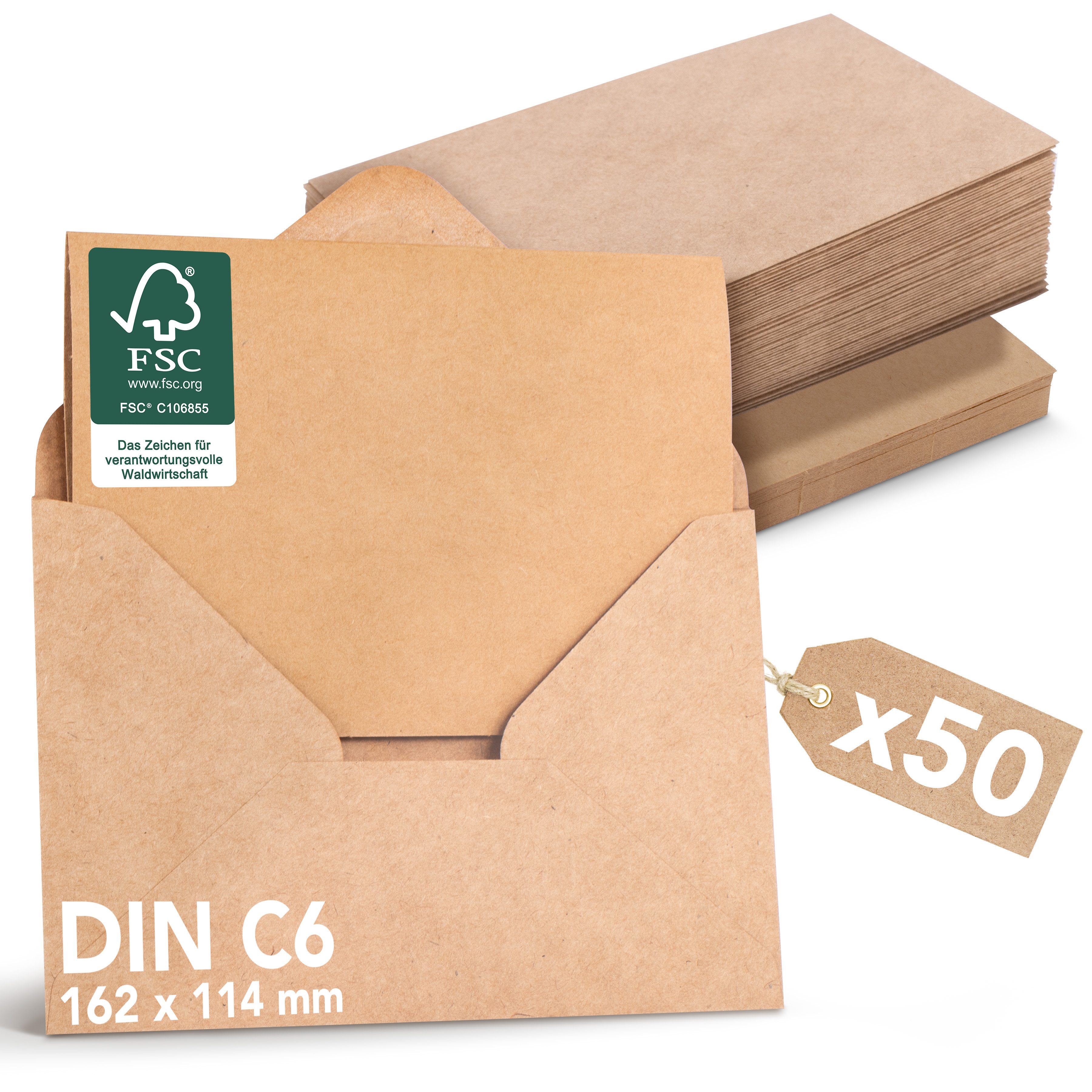 Falinko Briefumschlag 50x Faltkarten mit Umschlag braun, Din A6/C6 I Grußkarten mit Umschlag braun (Kraftpapier, 50er Set)