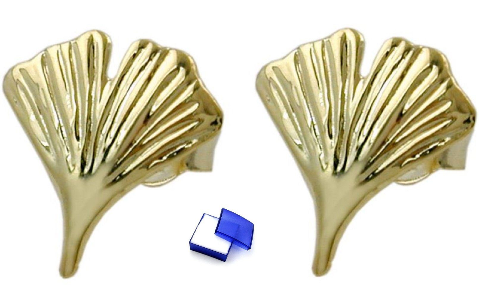unbespielt Paar Ohrstecker Ohrringe Gingkoblatt glänzend 375 Gold 12 mm kleine Schmuckbox, Goldschmuck für Damen
