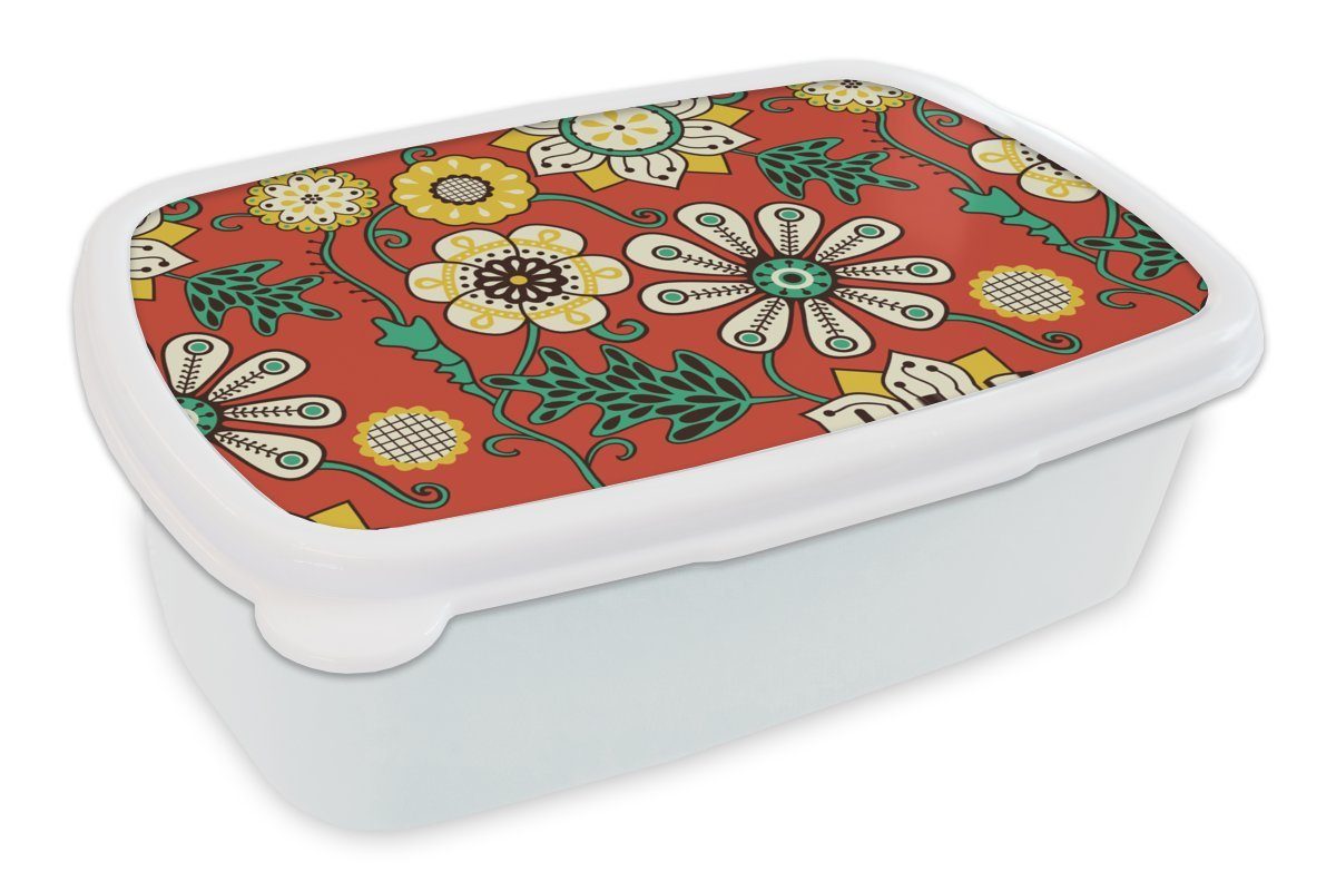 MuchoWow Lunchbox Design - - Kinder Hippie Brotdose, Mädchen und Brotbox Erwachsene, Kunststoff, Blumen (2-tlg), und für Jungs - Retro, weiß für
