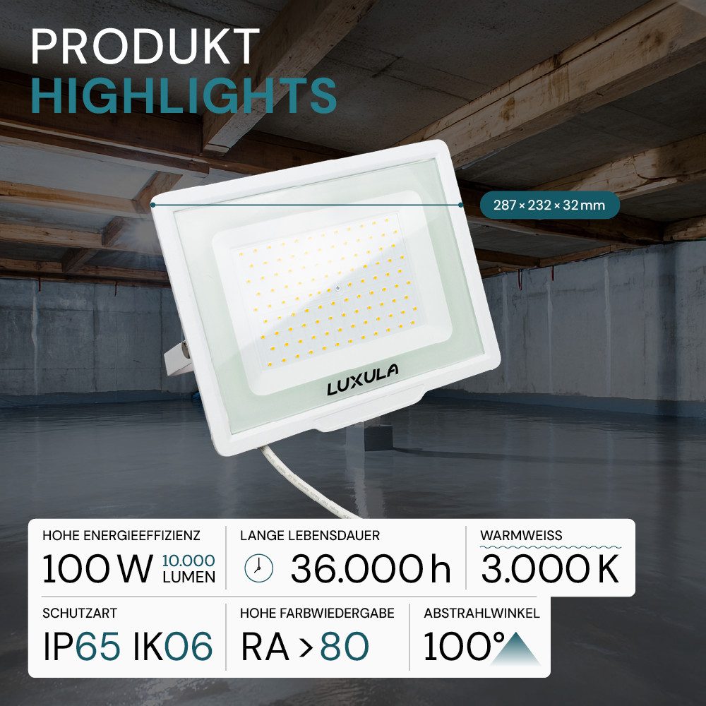 LUXULA LED Flutlichtstrahler LED-Fluter, 100 W, 3000 K (warmweiß), 10000 lm, weiß, IP65, LED fest integriert, Warmweiß