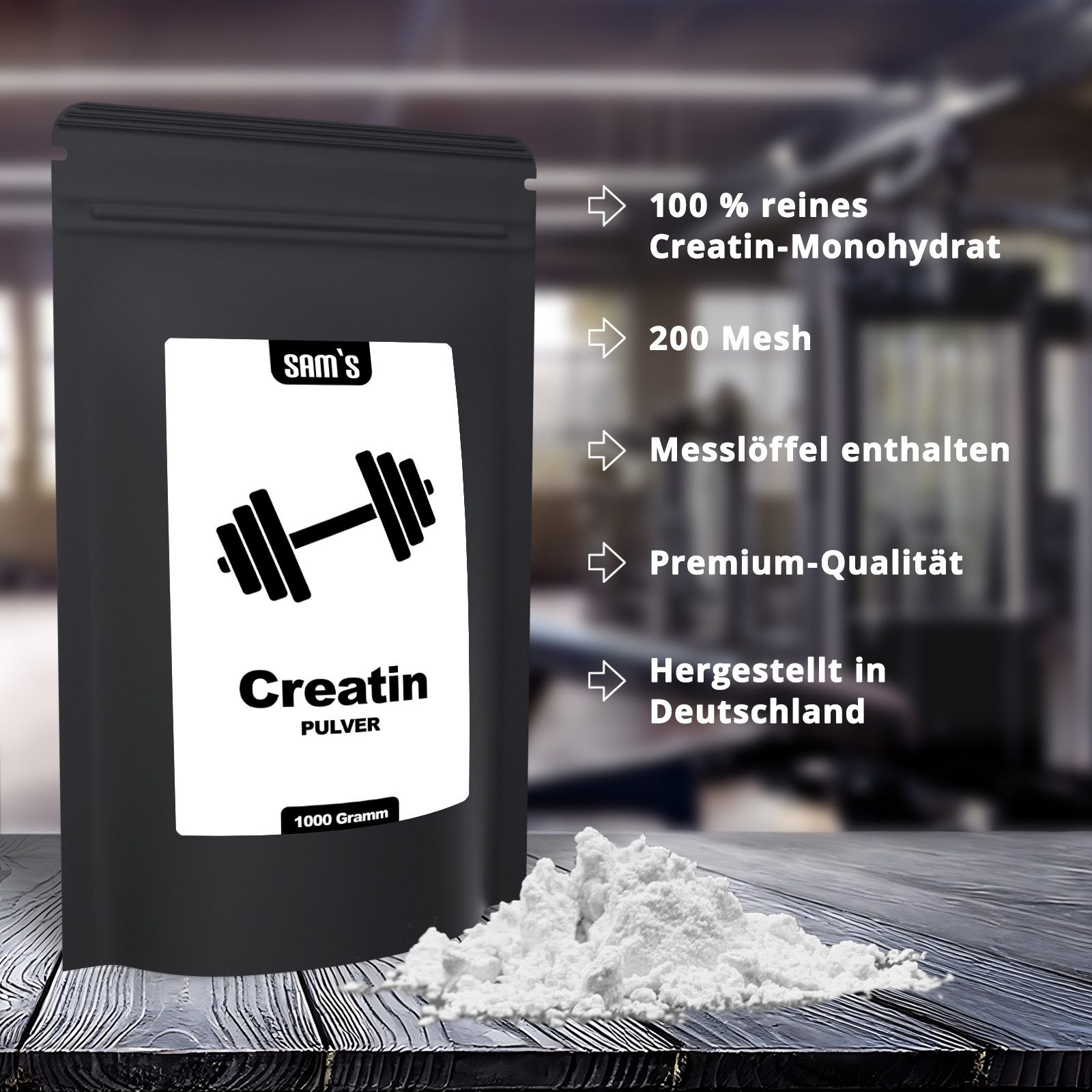 SAM'S Creatin Monohydrat Pulver, 1000 g, Mesh-Faktor 200, hergestellt in Deutschland