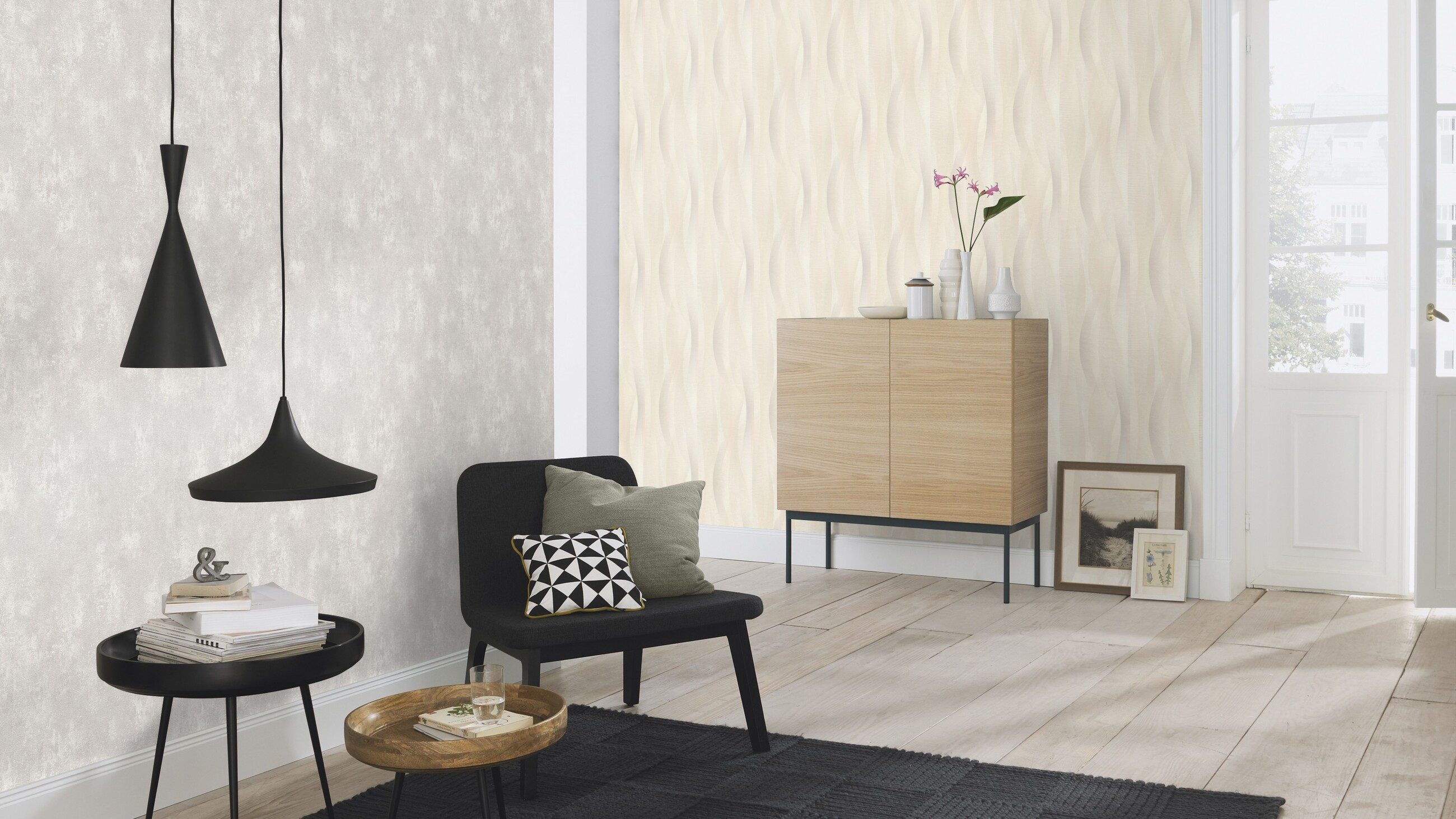 Rasch Vliestapete Grafisches Muster - Vinyltapete Beige Creme Grau, Geschwungen, (1 Rolle, 1 St., 10,05 m x 0,53 m), gute Lichtbeständigkeit, feucht abwischbar, restlos abziehbar