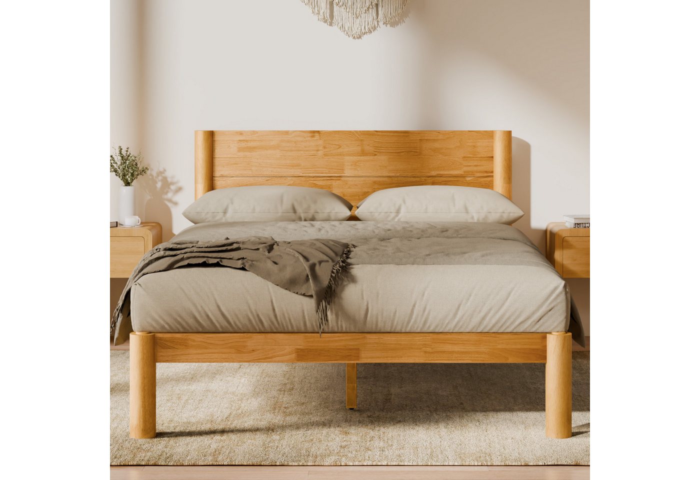 FLEXISPOT Bettgestell 90/140/160/180x200 cm aus Gummibaumholz, Futonbett aus Massivholz (Massivholz-Plattformbett aus 100 % Gummibaumholz, bis 700KG, 10 Jahre Garantie, inkl. Lattenrost), Werkzeuglos & Zapfenverbindung, japanisches bett, JAPANDI, Hako G2