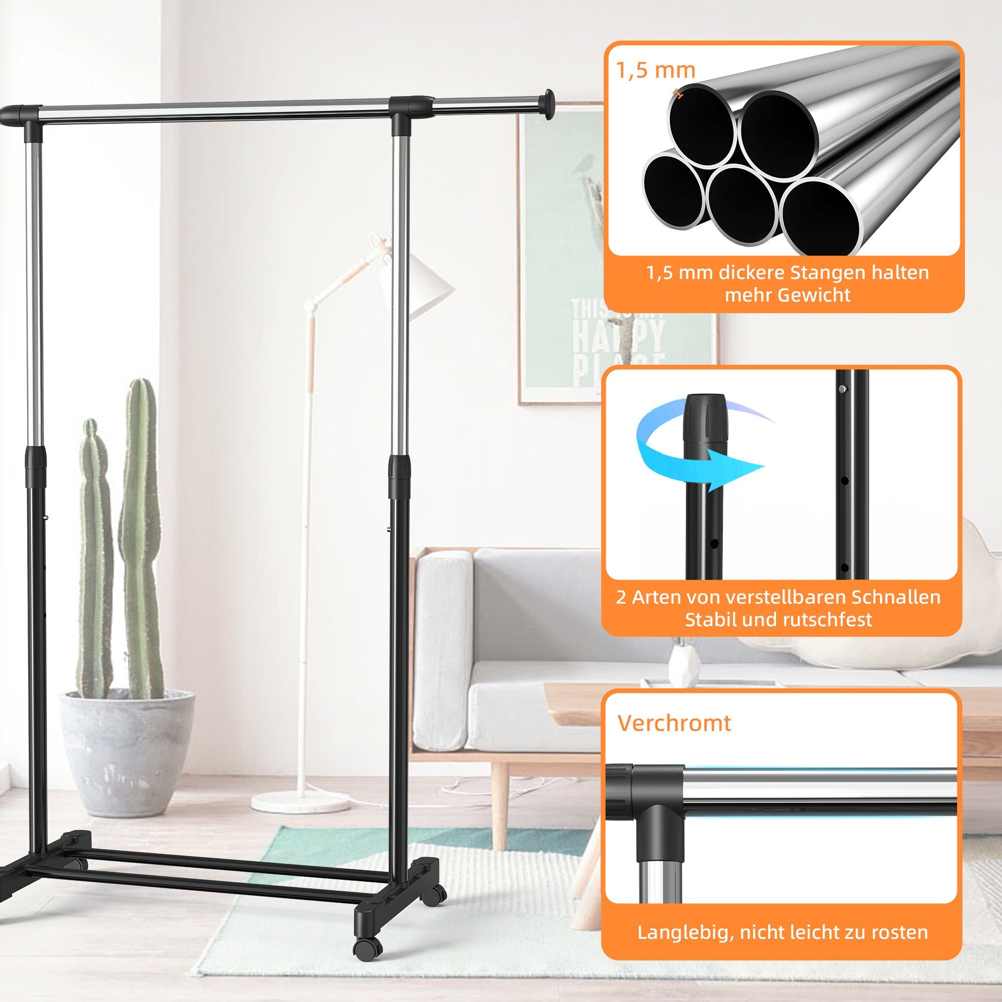 Kleiderstange Garderobenständer Bodenstehender Kleiderständer, St), Rädern (1 Höhenverstellbar, ausziehbar Schlafzimmer, (90-149cm)& belastbar, NEFOSO 30kg Metall, mit schwarz