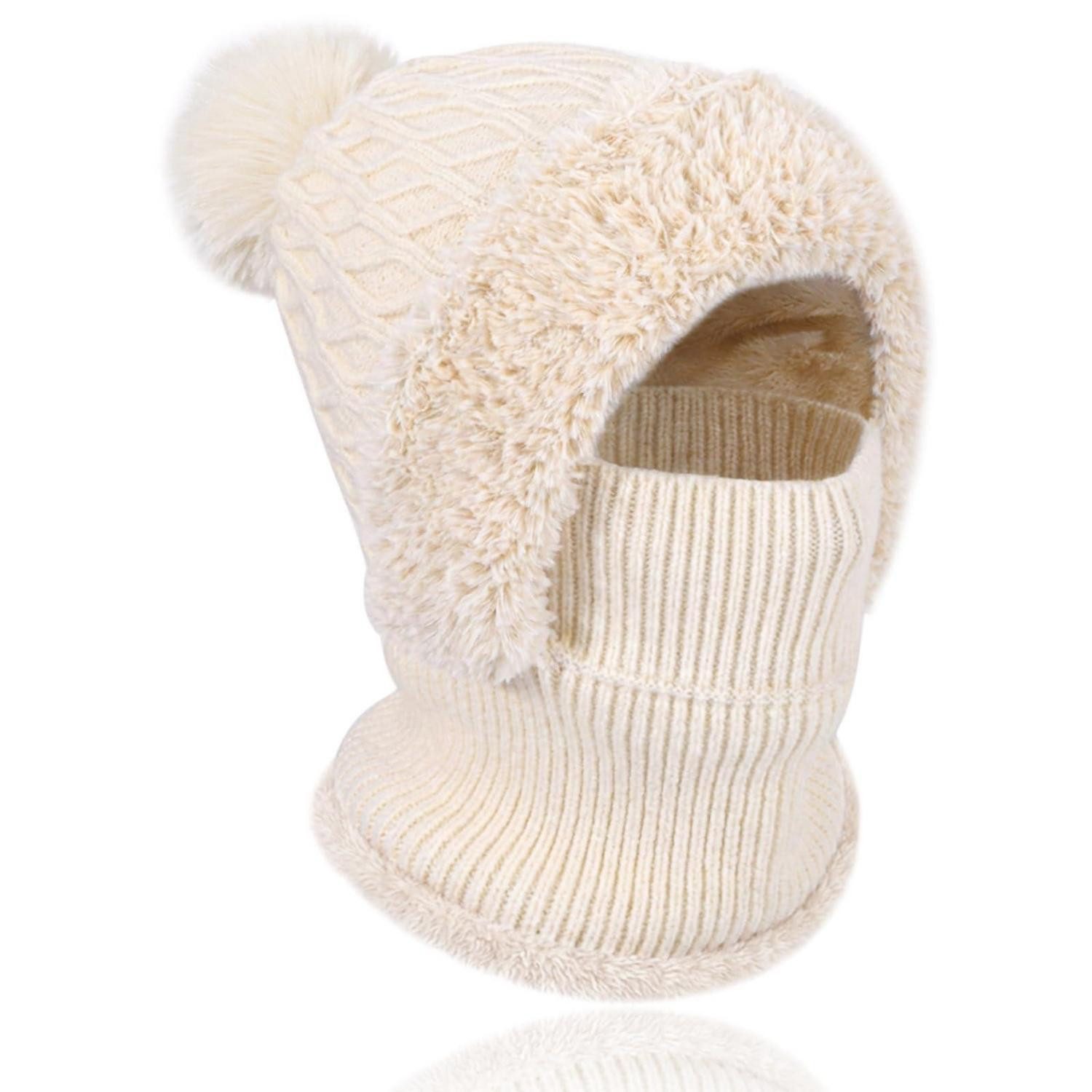 LuxusKollektion Strickmütze Strickmütze Damen Thermo Winddicht 3in1 Bommel Fleecefutter Weiß