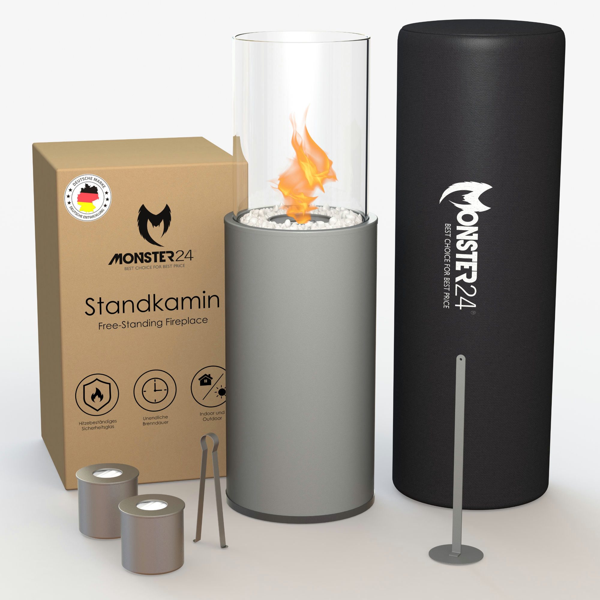 Monster24 Echtfeuer-Dekokamin Bio-Ethanol Standkamin für Indoor & Outdoor (80x26x26 cm)