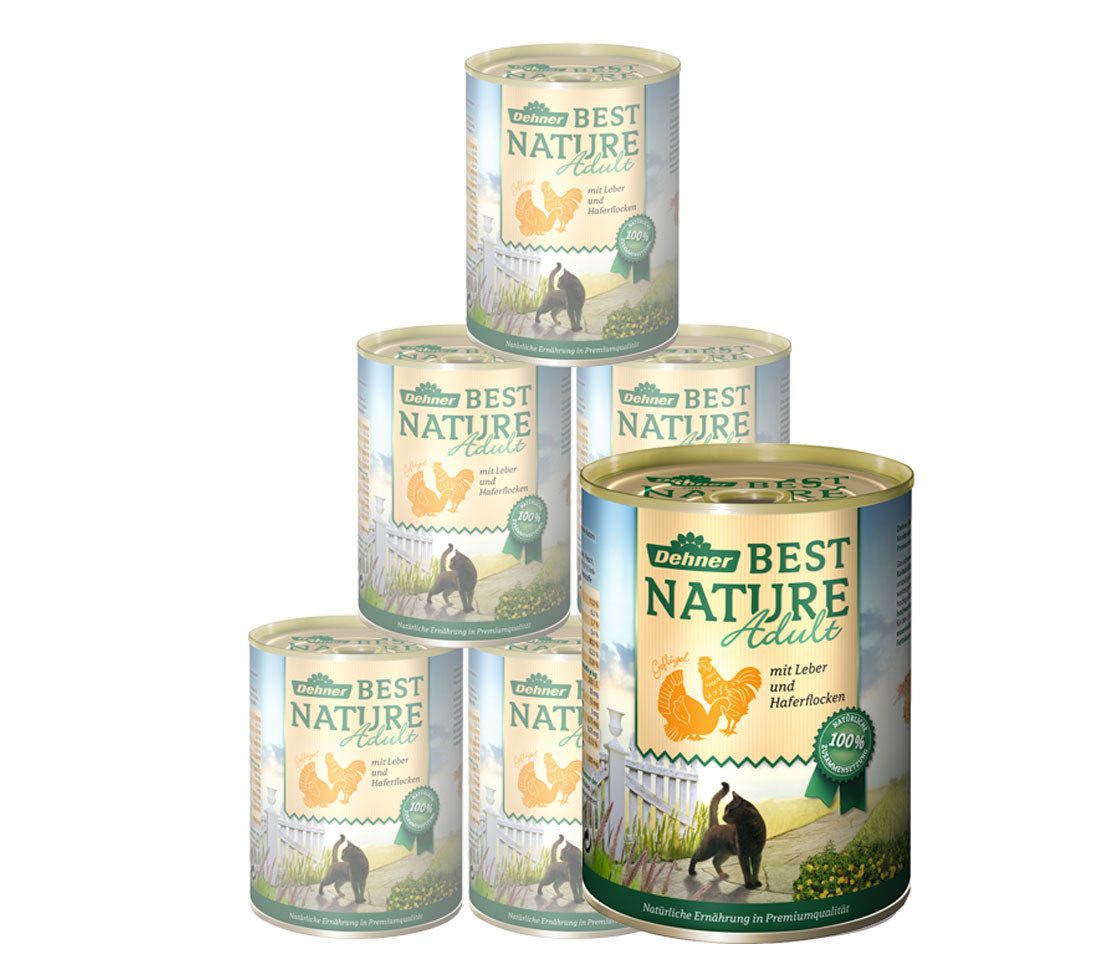 Dehner Best Nature Adult, versch. Sorten, 6 x 400 g Dose (2.4 kg), Nassfutter für: Katze, Nassfutter für ausgewachsene Katzen