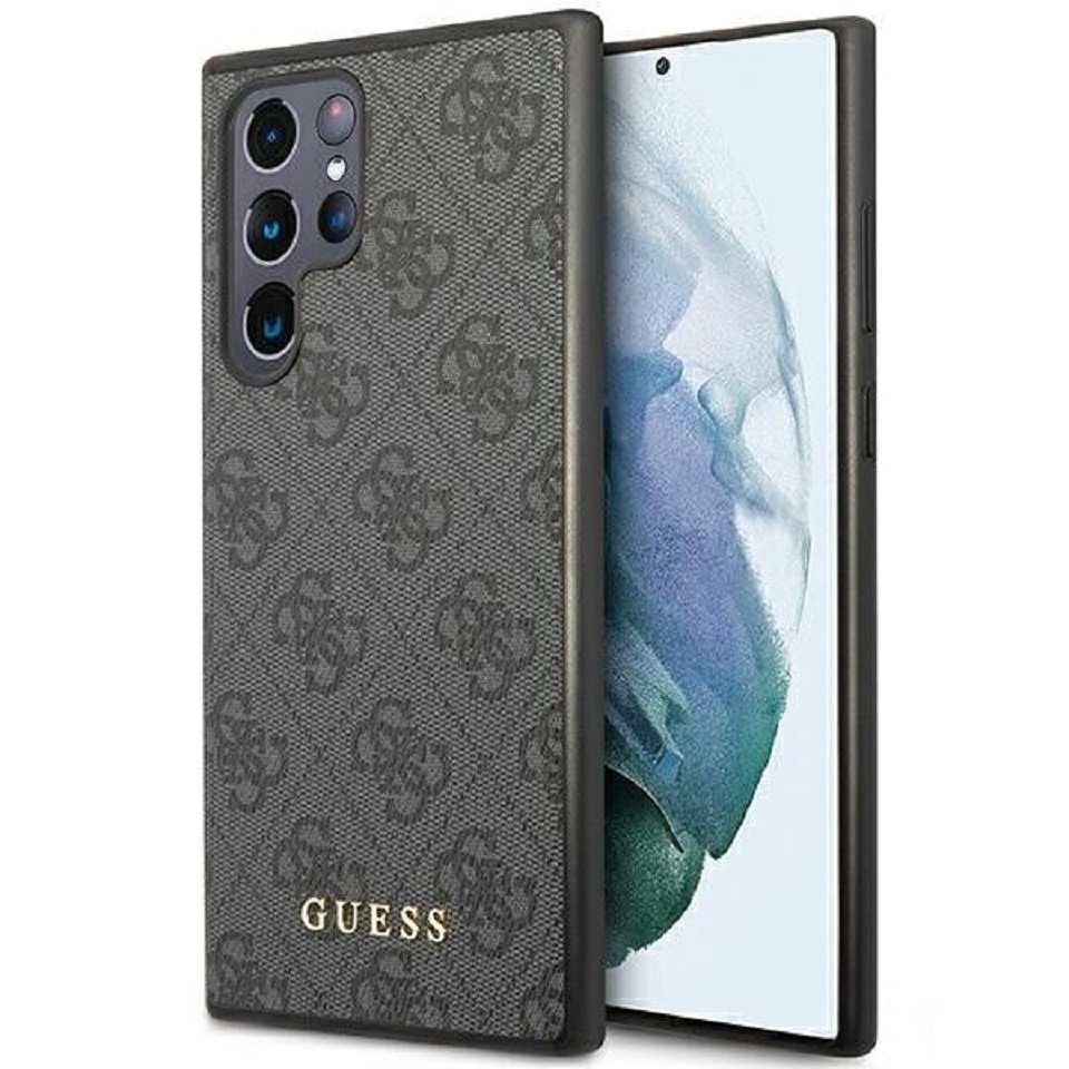 Guess Handyhülle Case Galaxy S24 Ultra Kunstleder grau Logo goldfarbig 6,8 Zoll, Kantenschutz