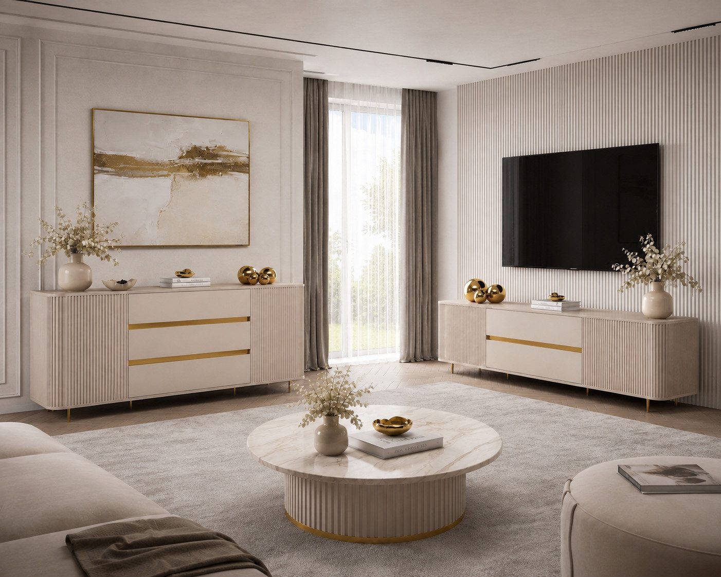 ALLHOUSE24 Wohnzimmer-Set MIRACLE V - Kommode & TV-Lowboard 180 Sandbeige mit goldenen Akzenten, (2-St., Das Set besteht aus: Kommode, TV Schrank), Breite: Komm – Bild 2 von 5