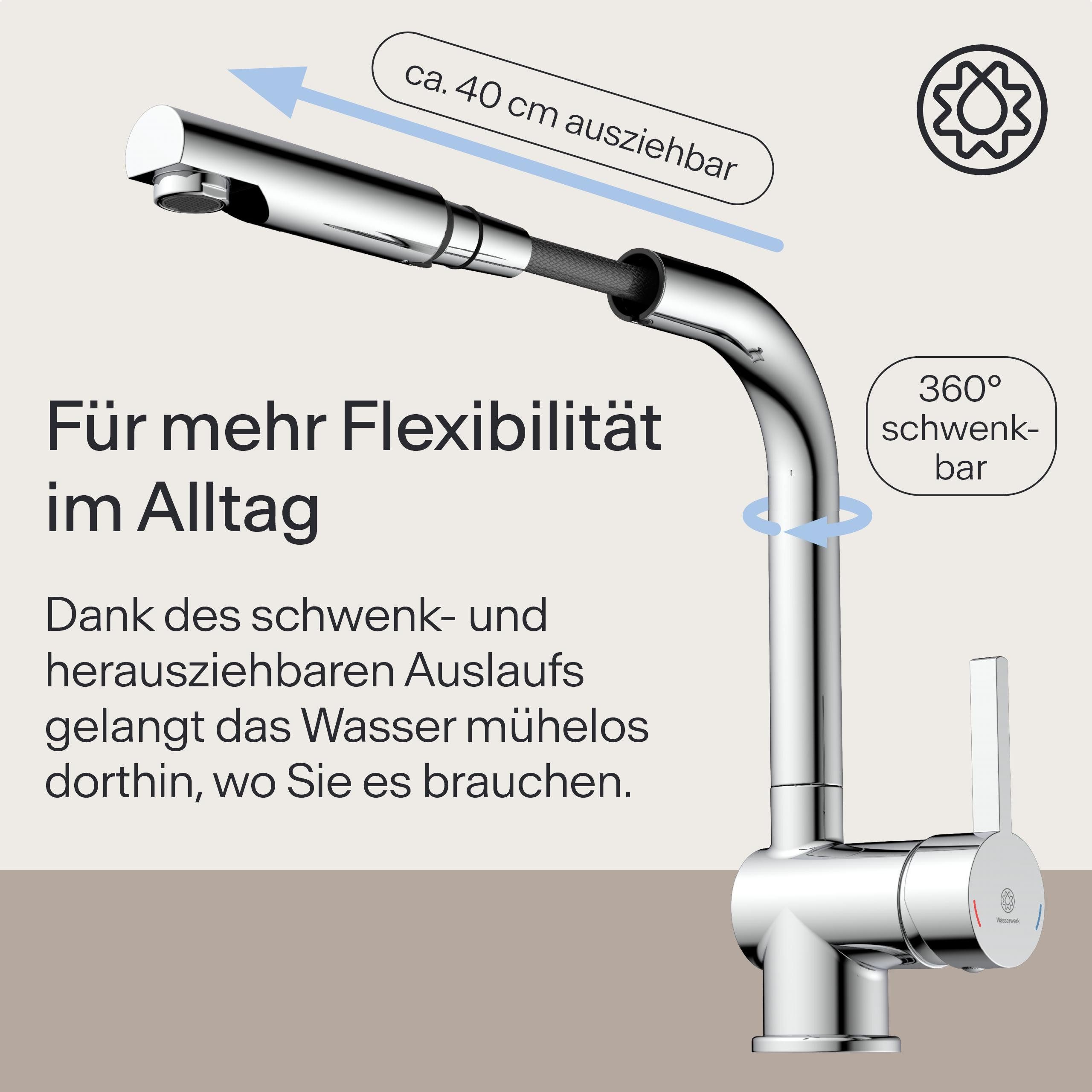 WASSERWERK Spültischarmatur WK 4, Wasserhahn, Küche, Einhebelmischer 360° schwenkbar, Cold-Start-Funkt., herausziehbar – Bild 4 von 5
