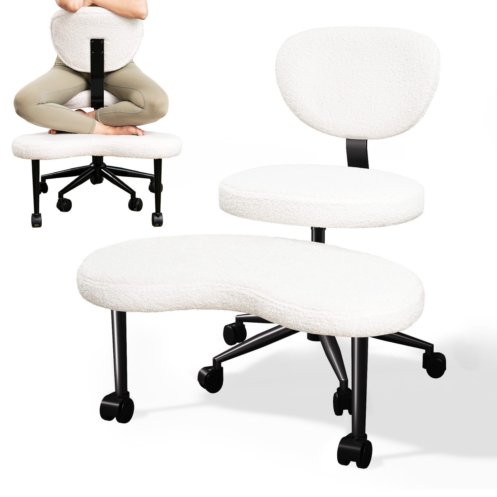 Patbrela Bürostuhl mit Kreuzbeinen,Ergonomischer Kniestuhlm,360° drehbar, Teddy Stoff Weiß