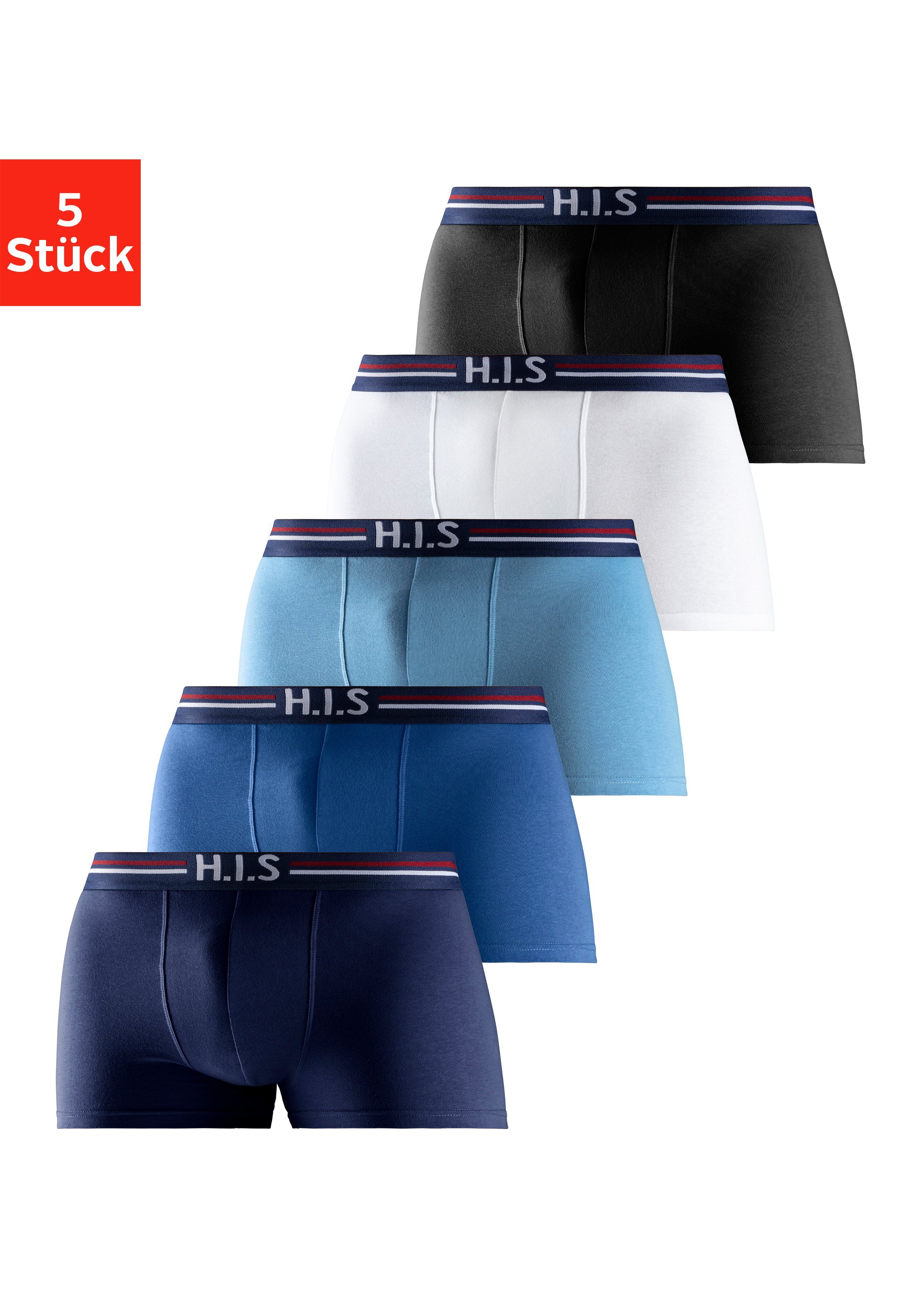 H.I.S Boxer (Packung, 5-St) weiß mit im Markenlogo hellblau, und navy, schwarz, Streifen blau, Bund