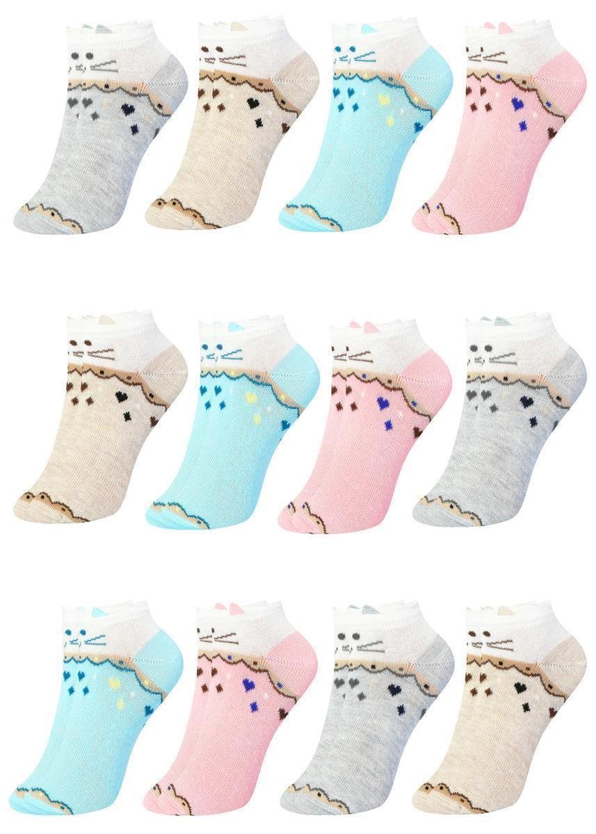 LOREZA Kurzsocken 12 Paar Mädchen Kurzsocken - Katze - Mehrfarbig (Paar, 12-Paar) 12-Paar