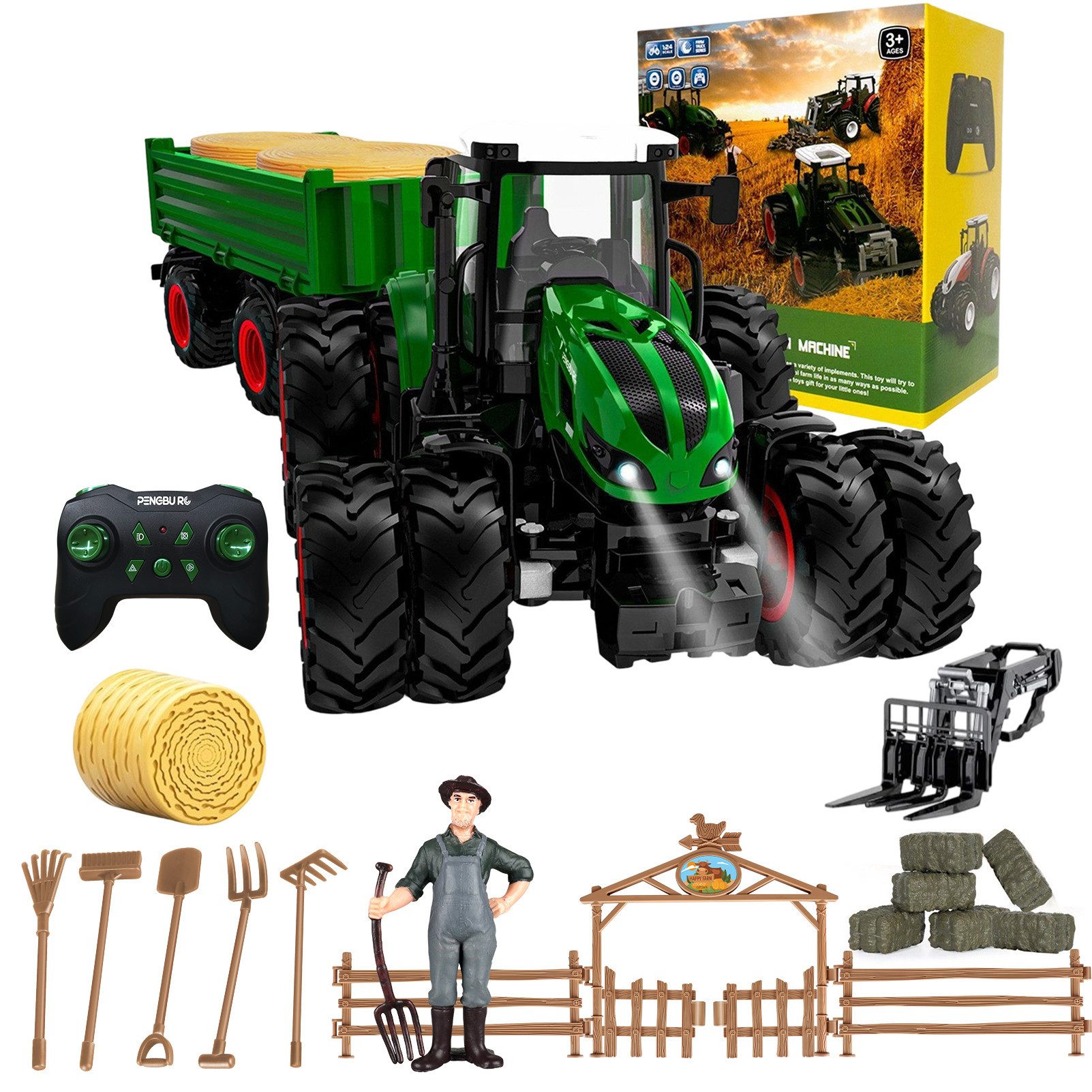 Esun RC-Traktor Ferngesteuerter Traktor Ferngesteuert, Traktor Spielzeug ab 3 4 jahre (Set, Komplettset), Traktor Ferngesteuert Ackerschlepper mit Licht und Sound