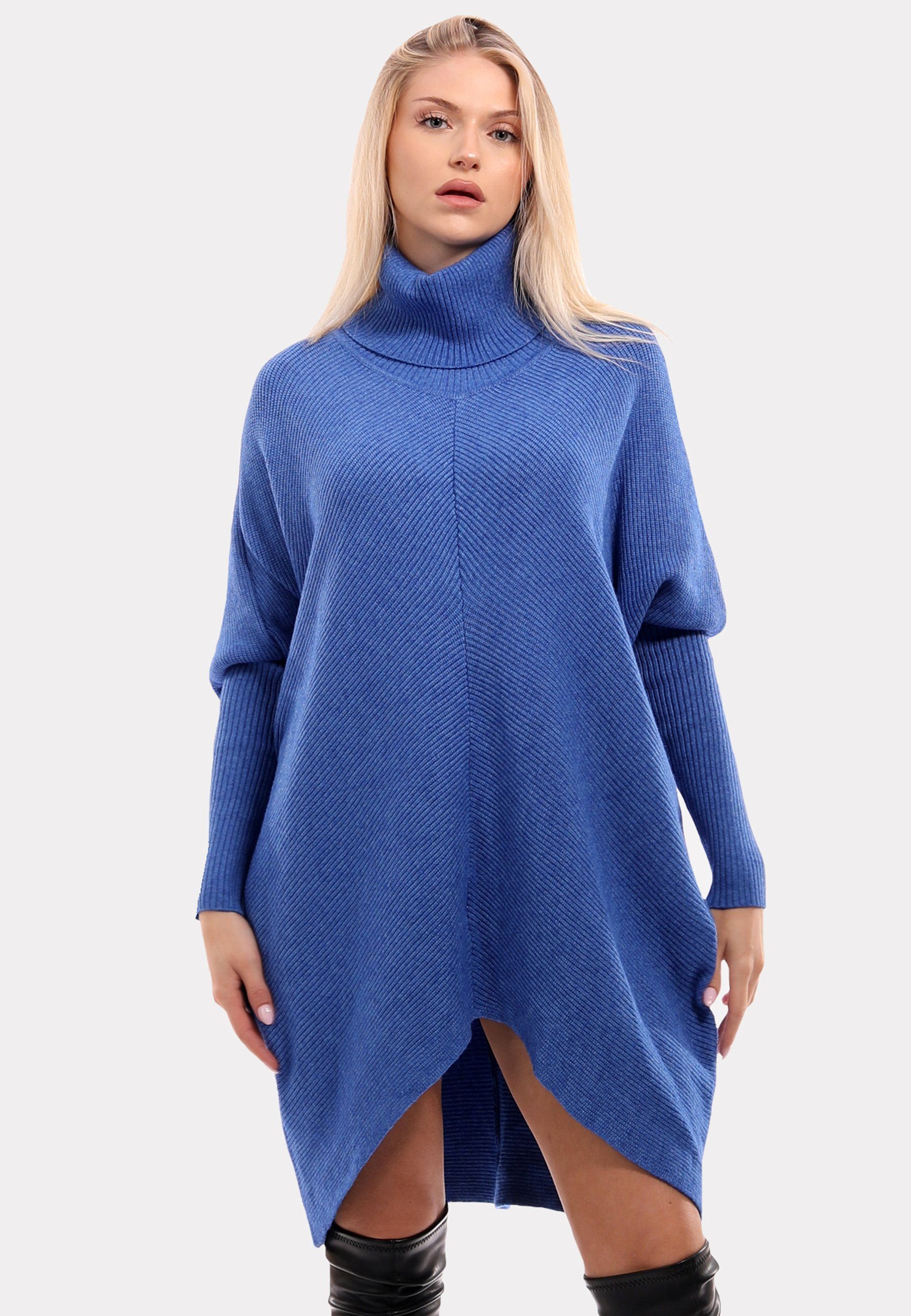 YC Fashion azure Strickpullover mit & in asymmetrisch Unifarbe, Rollkragen Longpullover überschnittenen Style Plus (1-tlg) Size mit Schultern