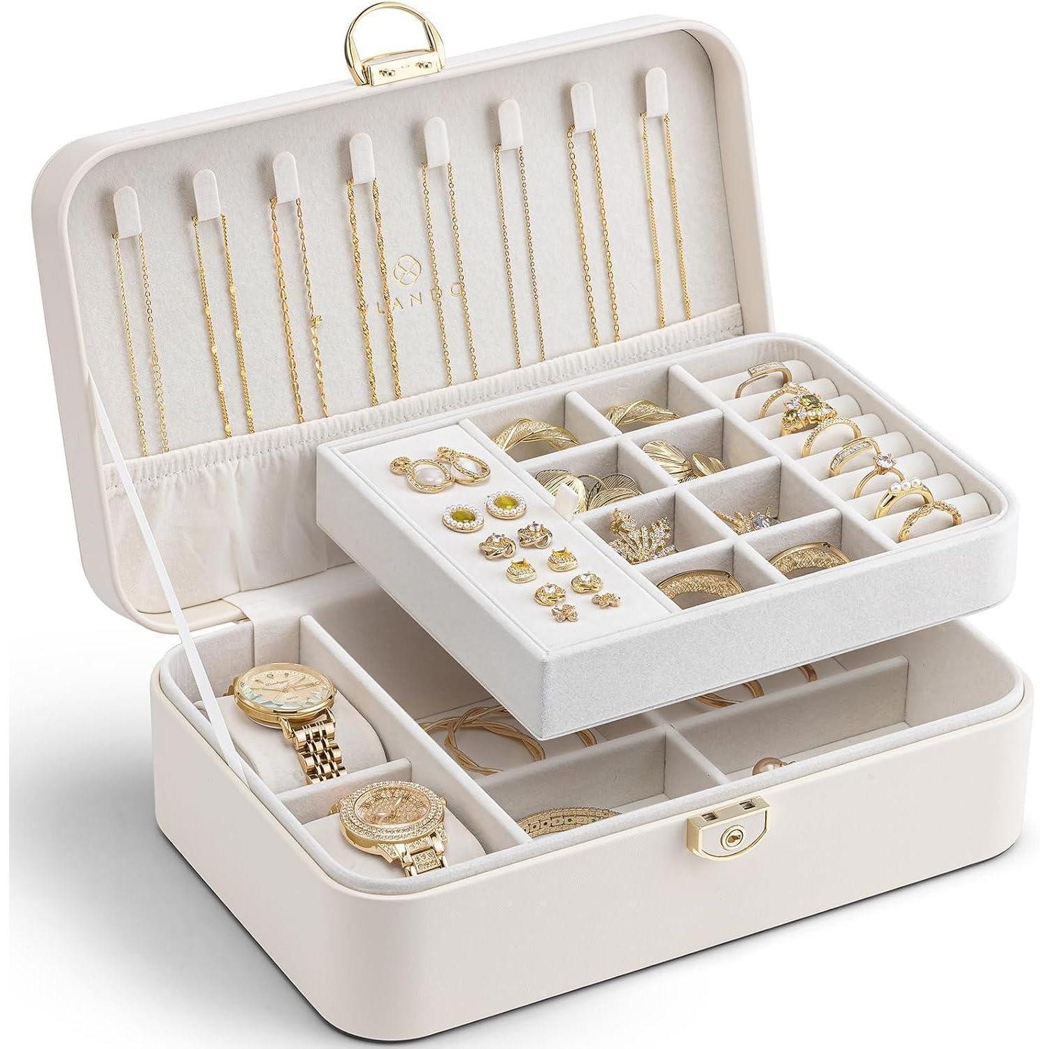 LuxusKollektion Schmuckkasten Schmuckkästchen Doppelschicht Beige 2 Uhrenkissen