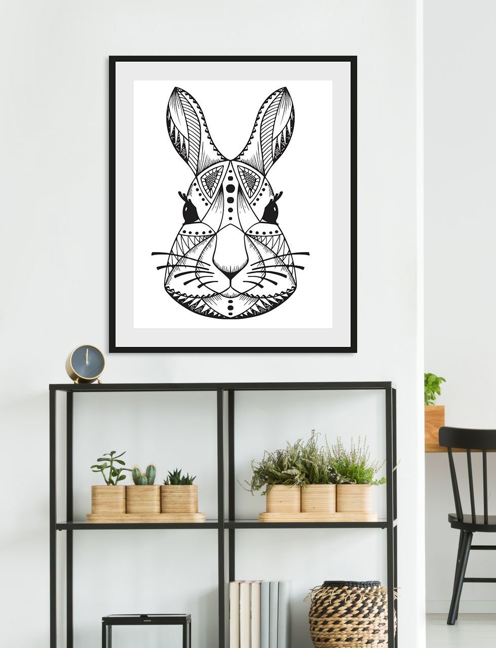 queence Bild Edvin, Abstrakt, Figuren, Hase, Hasen, Haustiere, Kunst, Schwarz-Weiß (1 St), HD Premium Poster-Druck inkl. Holzrahmen