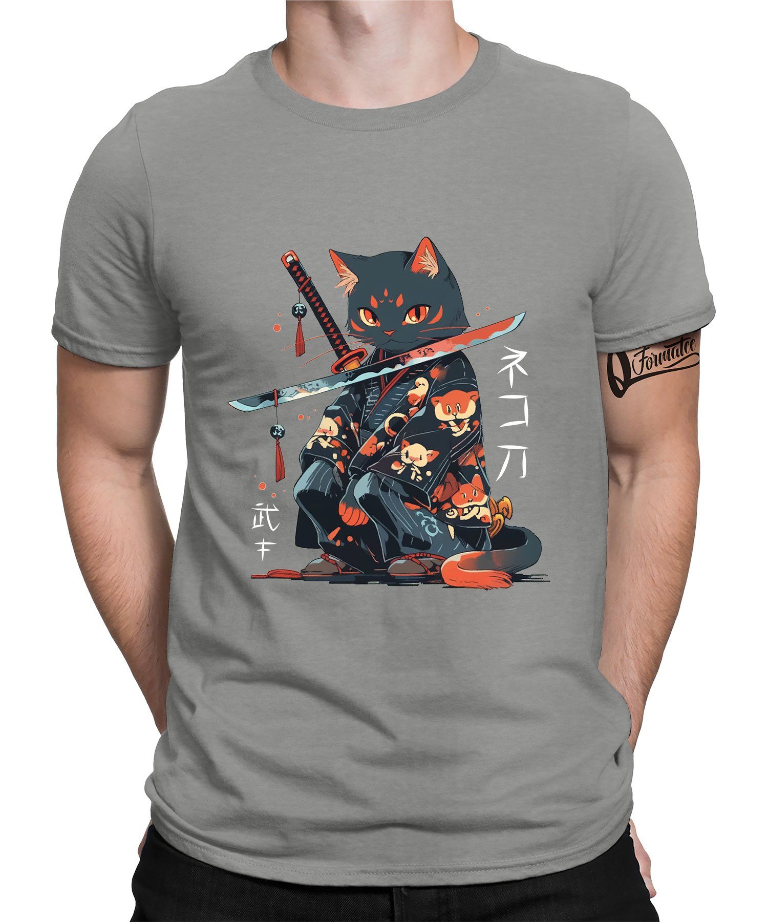 Quattro Formatee Kurzarmshirt T-Shir (1-tlg) Heather Samurai Cat Anime Japan Kawaii Grau Ninja Herren - Japanese Ästhetik