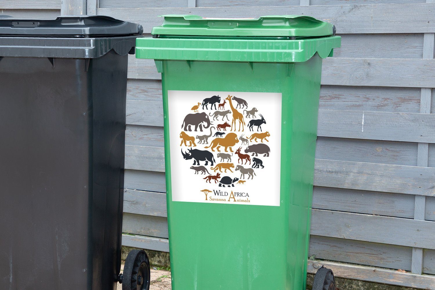 MuchoWow Wandsticker Eine den Big Container, St), der Five Tieren (1 Mülltonne, Illustration Abfalbehälter Mülleimer-aufkleber, Sticker, unter