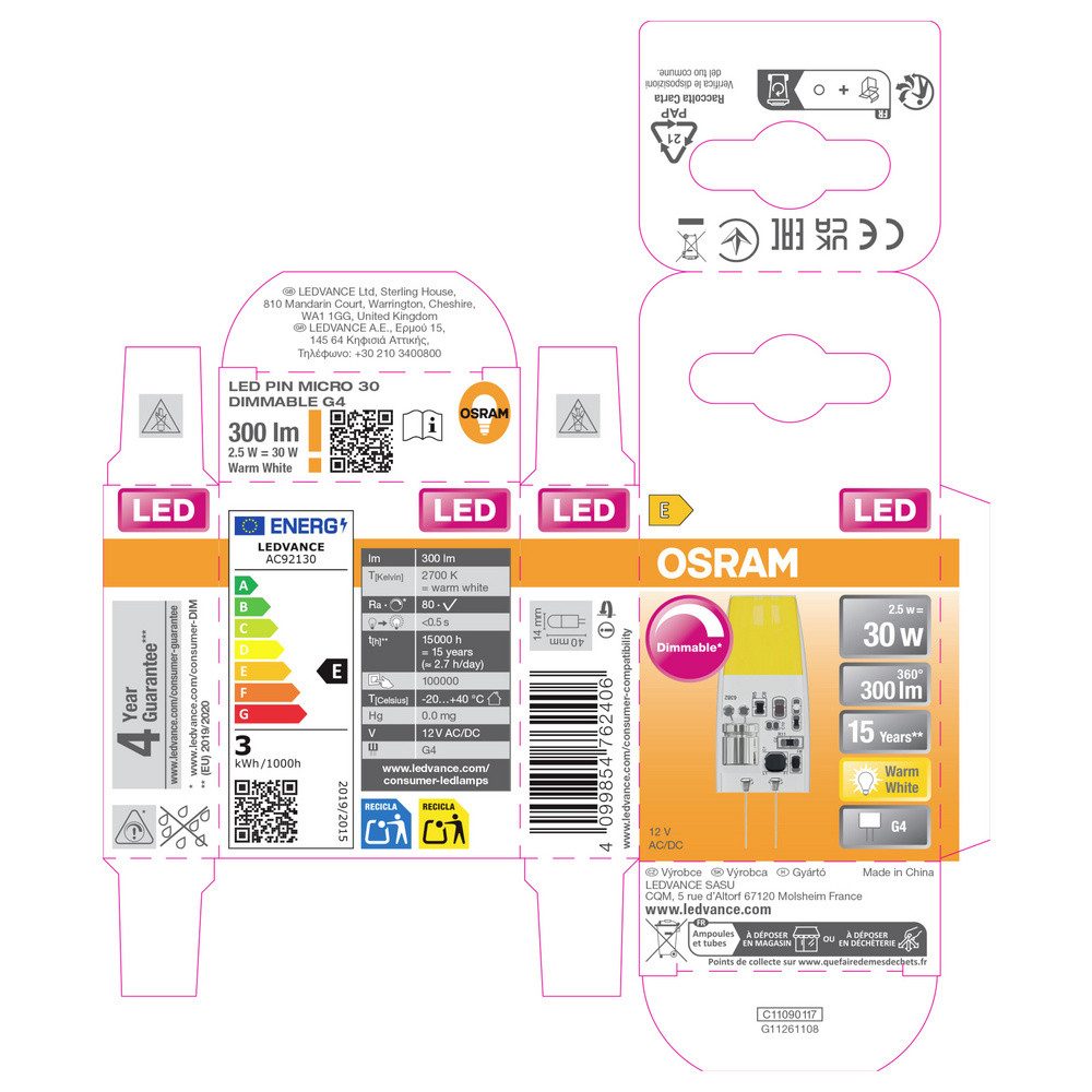 Osram LED-Leuchtmittel OSRAM 4099854762406 LED EEK F (A - G) G4 Stiftsockel 2.5 W Warmweiß n