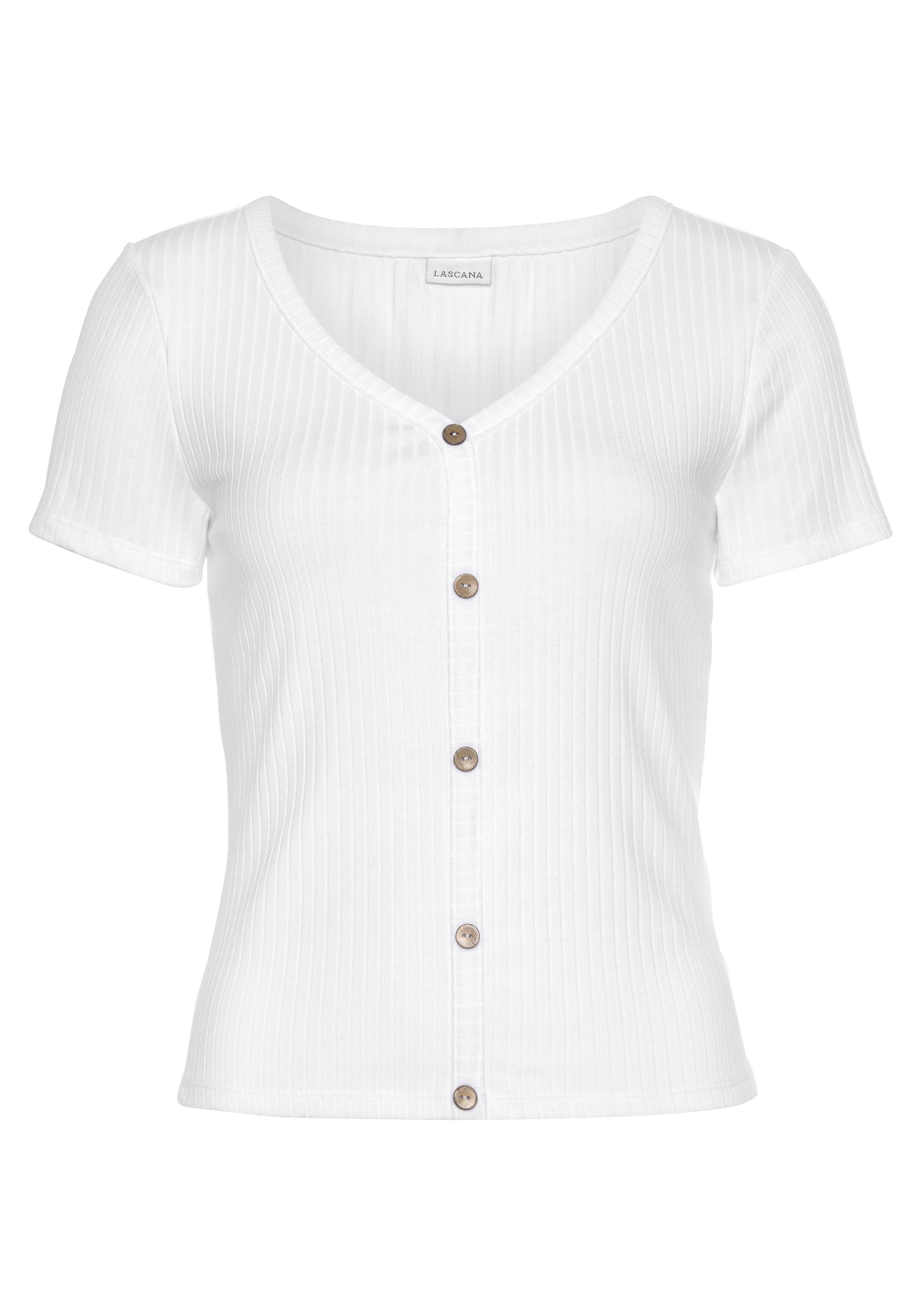 LASCANA Kurzarmshirt aus Rippware mit Zierknopfleiste, günstig online kaufen