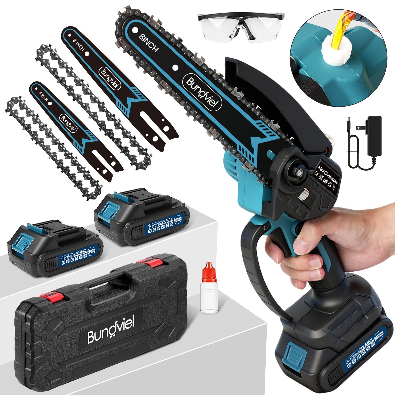 Bundviel Akku-Kettensäge 6+8'' Mini Kettensäge 880W Bürstenlose Elektro-Kettensäge 4.0AH Akkus, 2*2 AH akkus, 880W, Bürstenlosen Motor