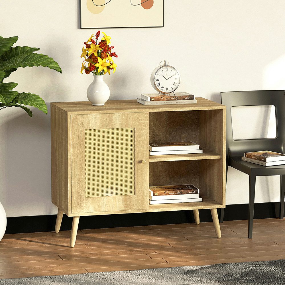 WAOHO Sideboard Standschrank, Kommode, Dekorativer Schrank Rattantür Sideboard 1 türiger