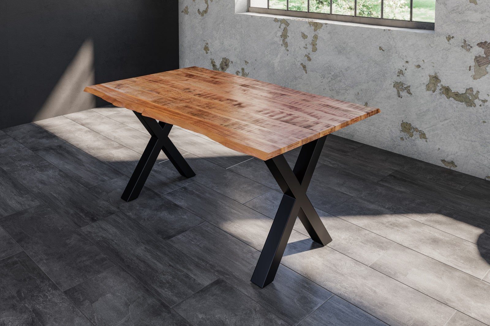 SAM® Esstisch Edessa, Baumkante, im used Look, Mangoholz, Metallgestell in X-Form