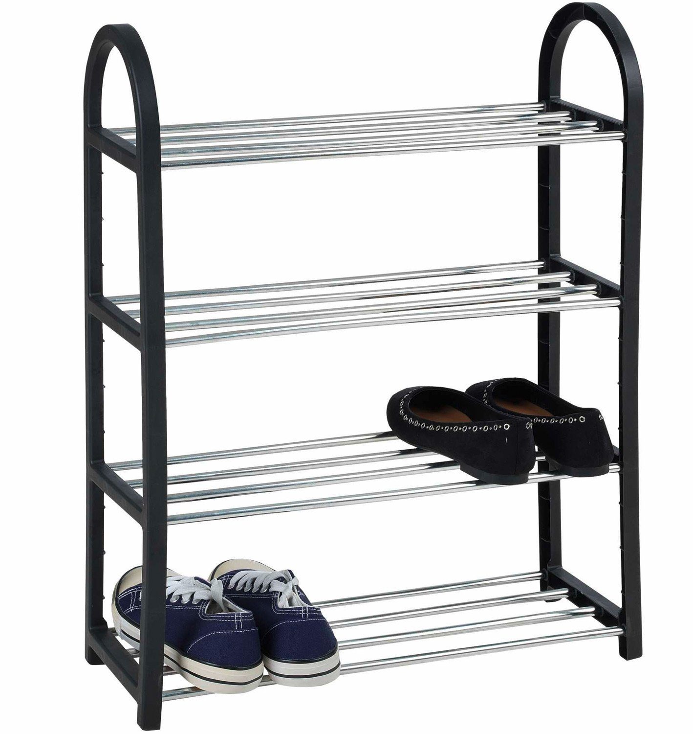 Schuhregal, Schwarz, Silbergrau, Metall, Kunststoff, 4 Ablageflächen, für bis zu 12 Paar Schuhe