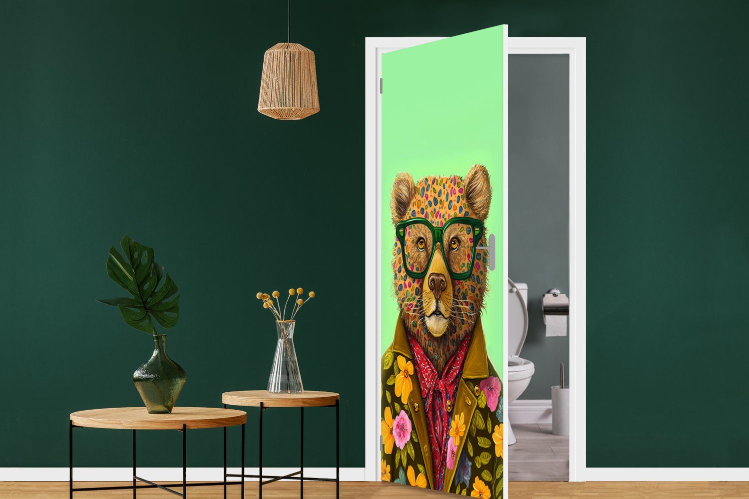 cm - MuchoWow (1 - Matt, Blumen, Brillen Bär St), Tür, für 75x205 Farben - Türtapete Türaufkleber, Tier bedruckt, - Fototapete