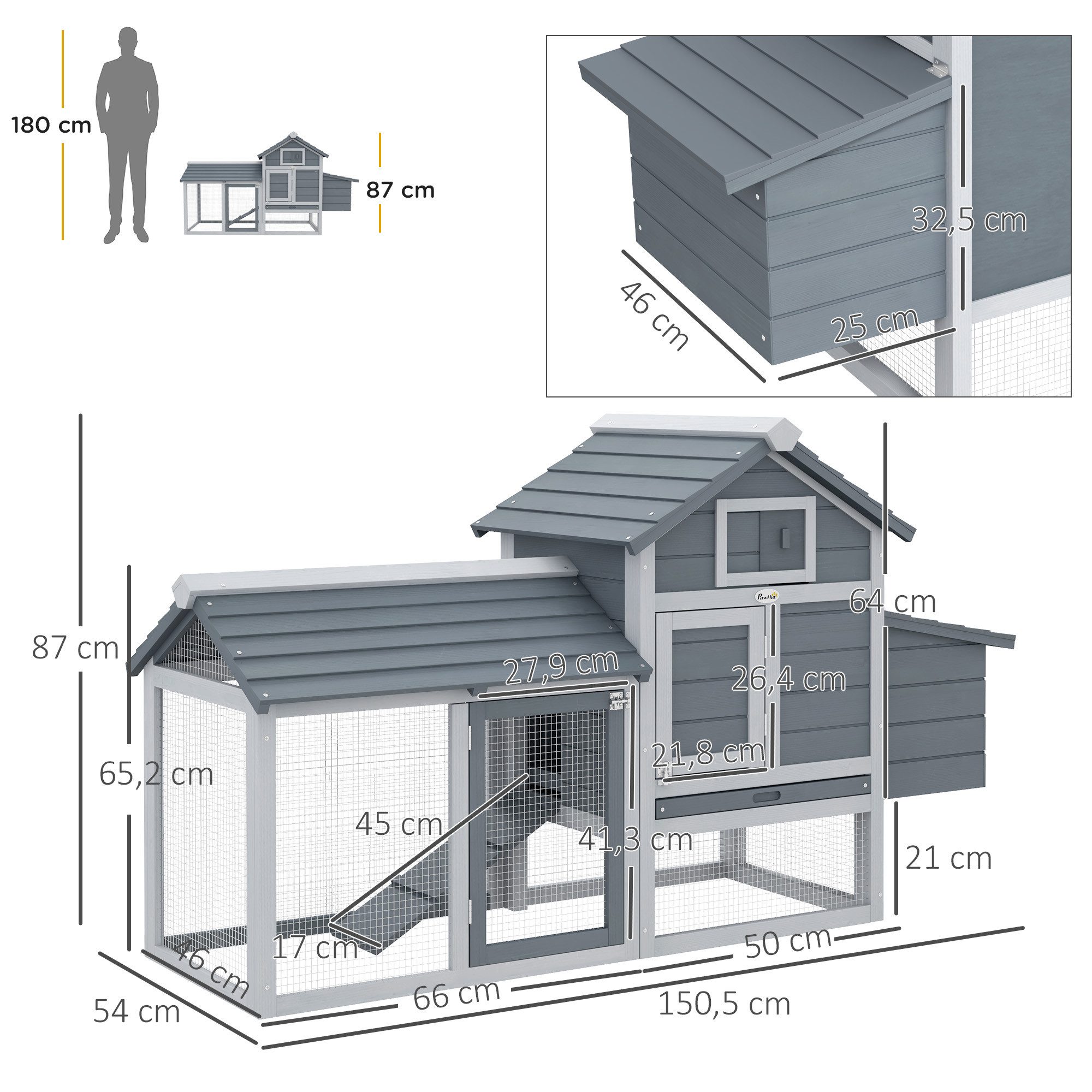 PawHut Hühnerstall Zwerghühnerstall mit Freigehege, Nistkasten, Bodenwanne, für Garten, Balkon, Grau